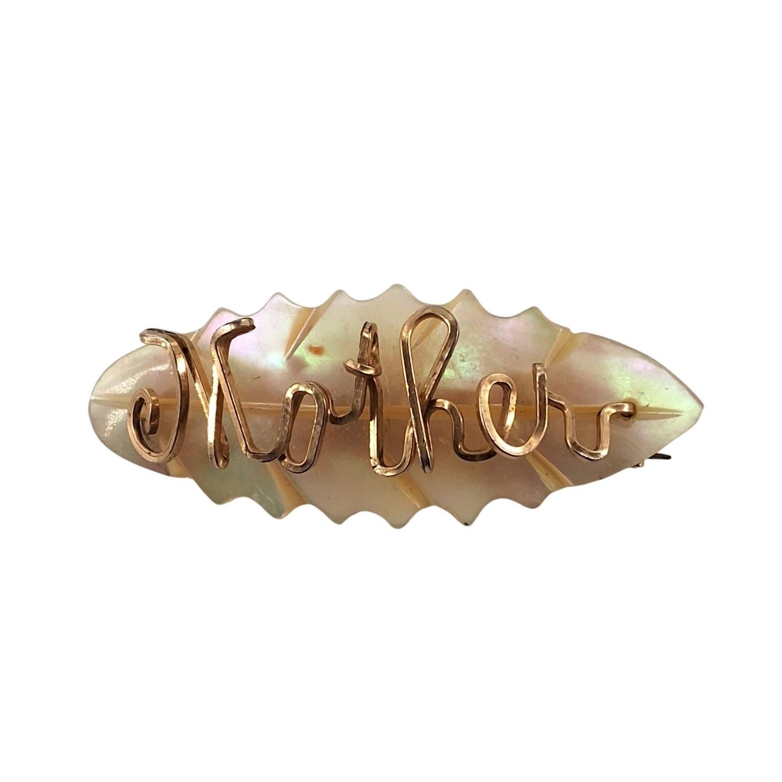 Vintage Mother of Pearl Mother Wire Script Brooch Leaf Scalloped Pin 1940s