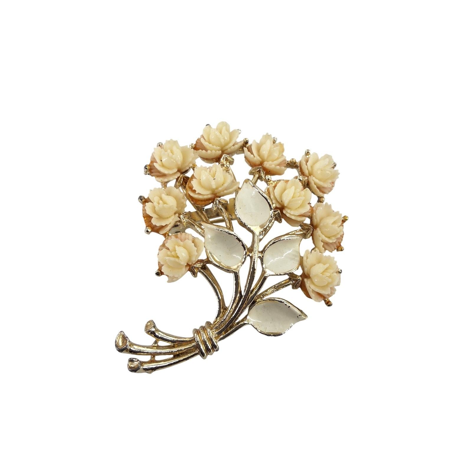 Vintage JJ Jonette Jewelry Gold Tone Cream Carved Rose Floral Bouquet Brooch