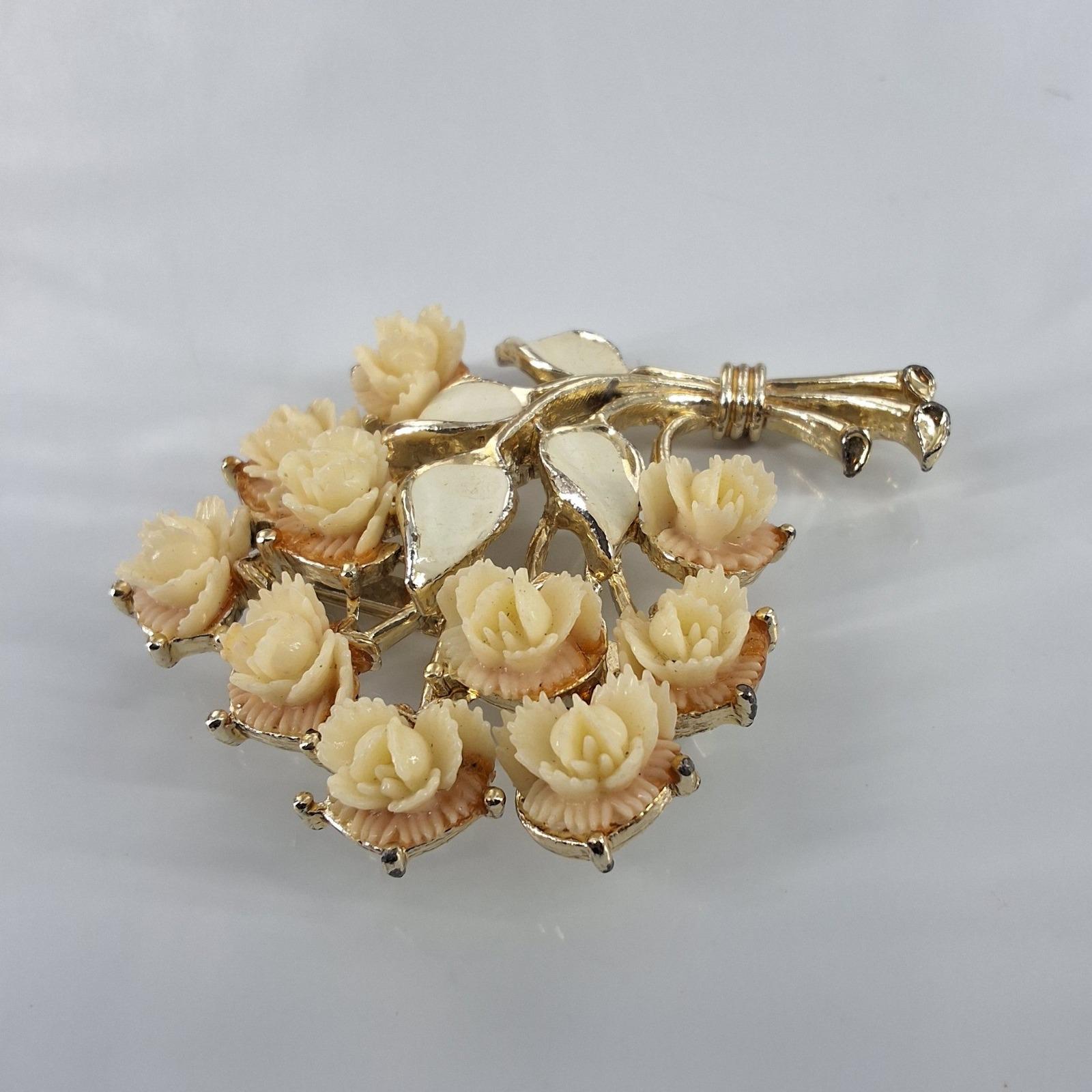 Vintage JJ Jonette Jewelry Gold Tone Cream Carved Rose Floral Bouquet Brooch - View 4
