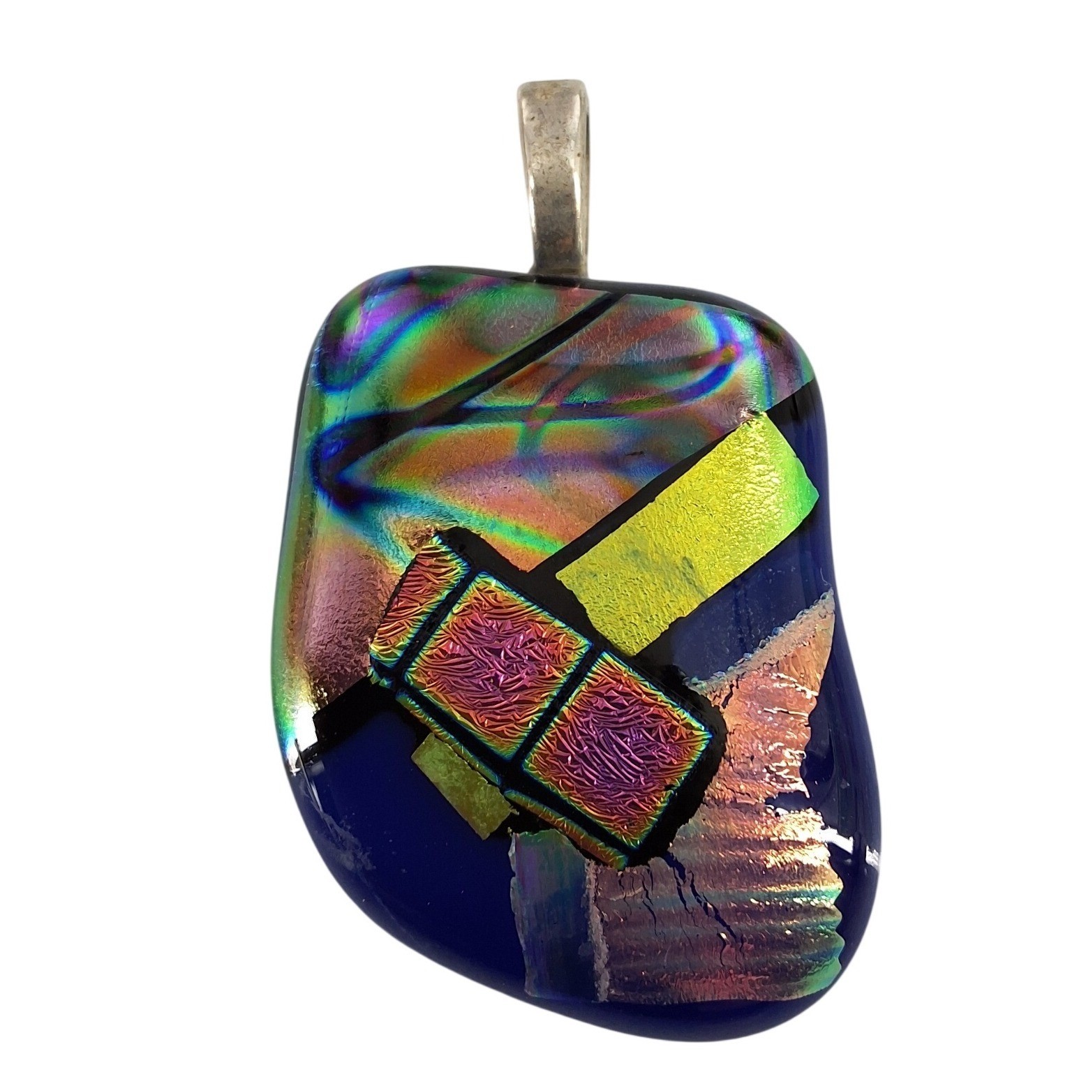 Artisan Dichroic Fused Glass Pendant Iridescent Cobalt Blue Geometric Jewelry