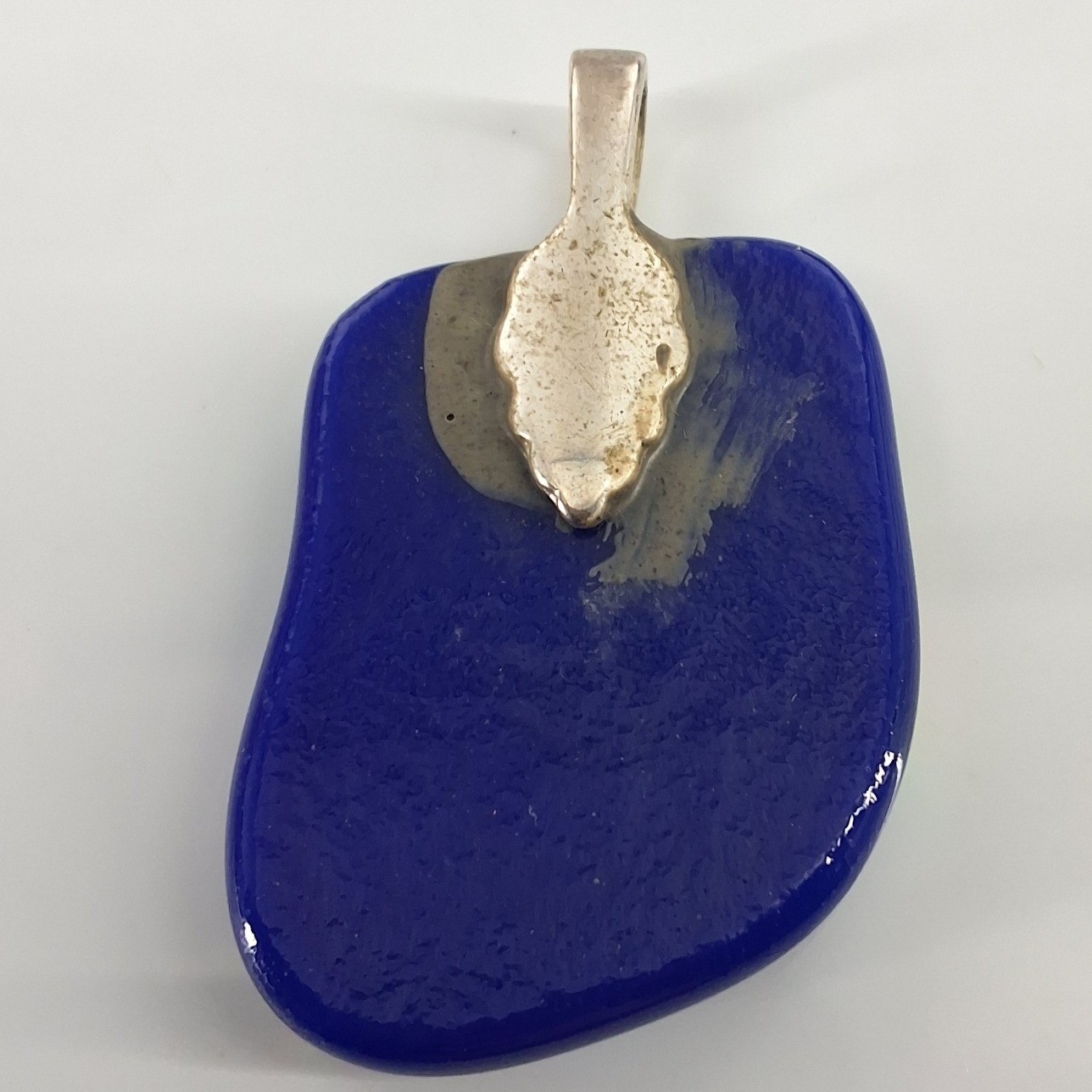 Artisan Dichroic Fused Glass Pendant Iridescent Cobalt Blue Geometric Jewelry - View 3
