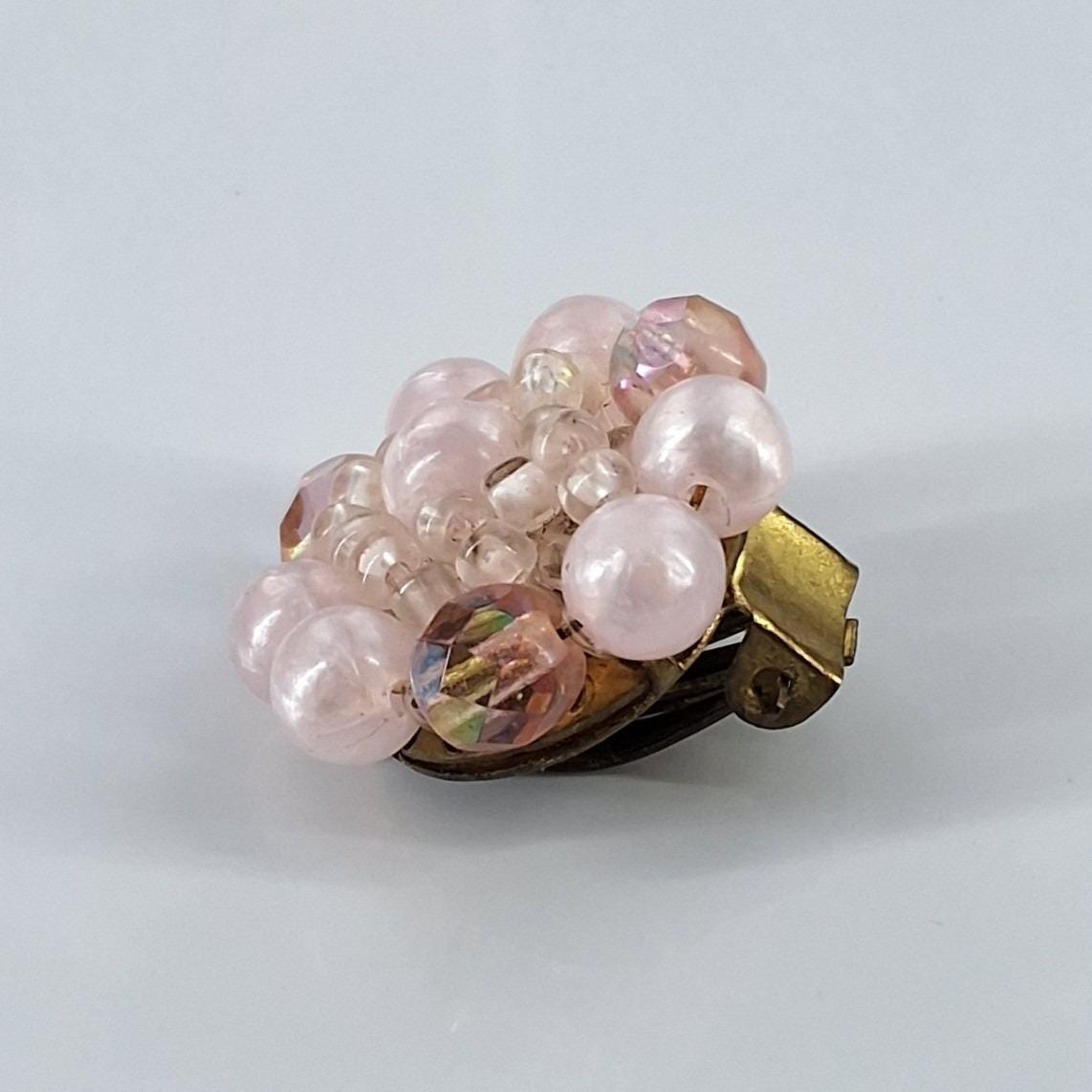 Vintage West Germany Pink Faux Pearl & AB Crystal Cluster Clip On Earrings