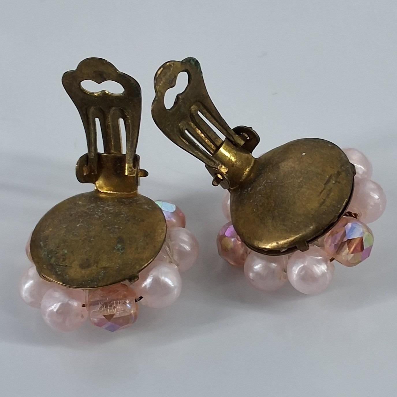 Vintage West Germany Pink Faux Pearl & AB Crystal Cluster Clip On Earrings - View 3