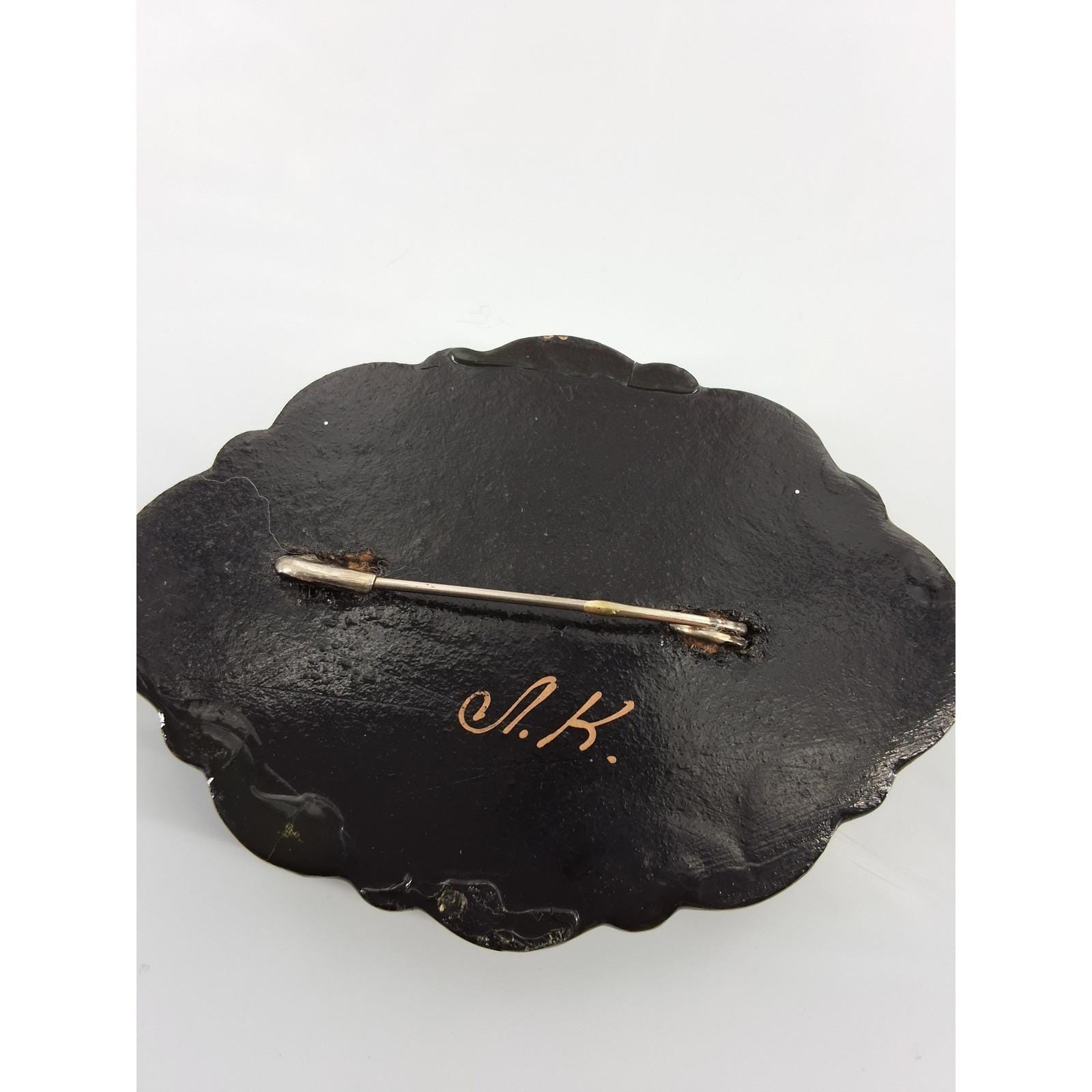 Vintage Russian Lacquer Brooch Hand Painted Floral Zhostovo Signed Black Pin