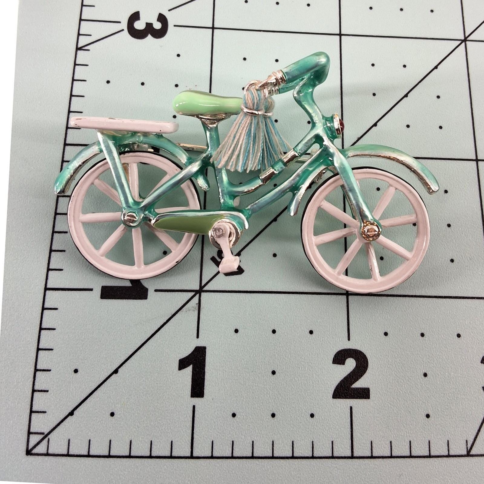 Teal Enamel Bicycle Brooch Silver Tone Tassel Rhinestone Novelty Pin Accessory - View 4