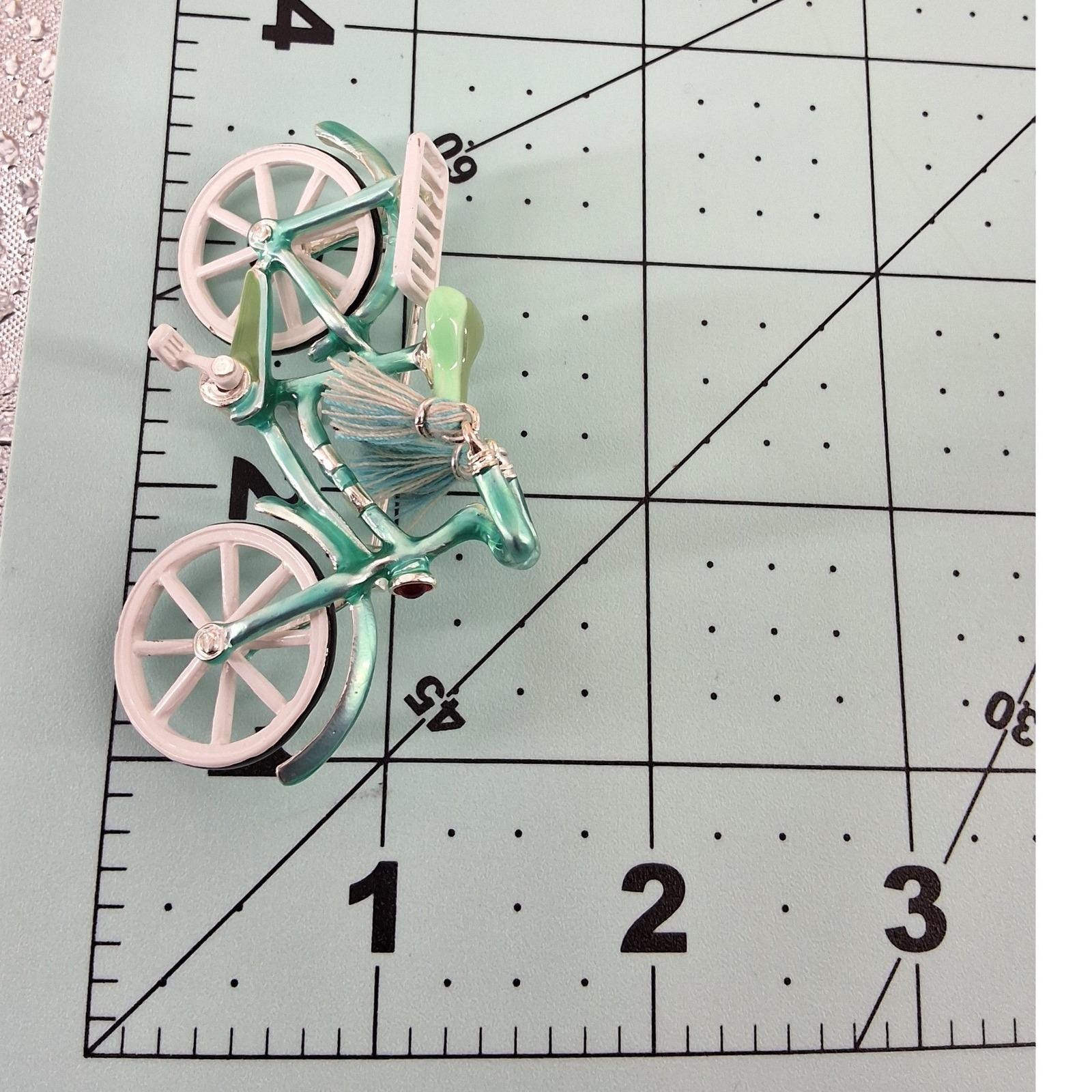 Teal Enamel Bicycle Brooch Silver Tone Tassel Rhinestone Novelty Pin Accessory - View 5