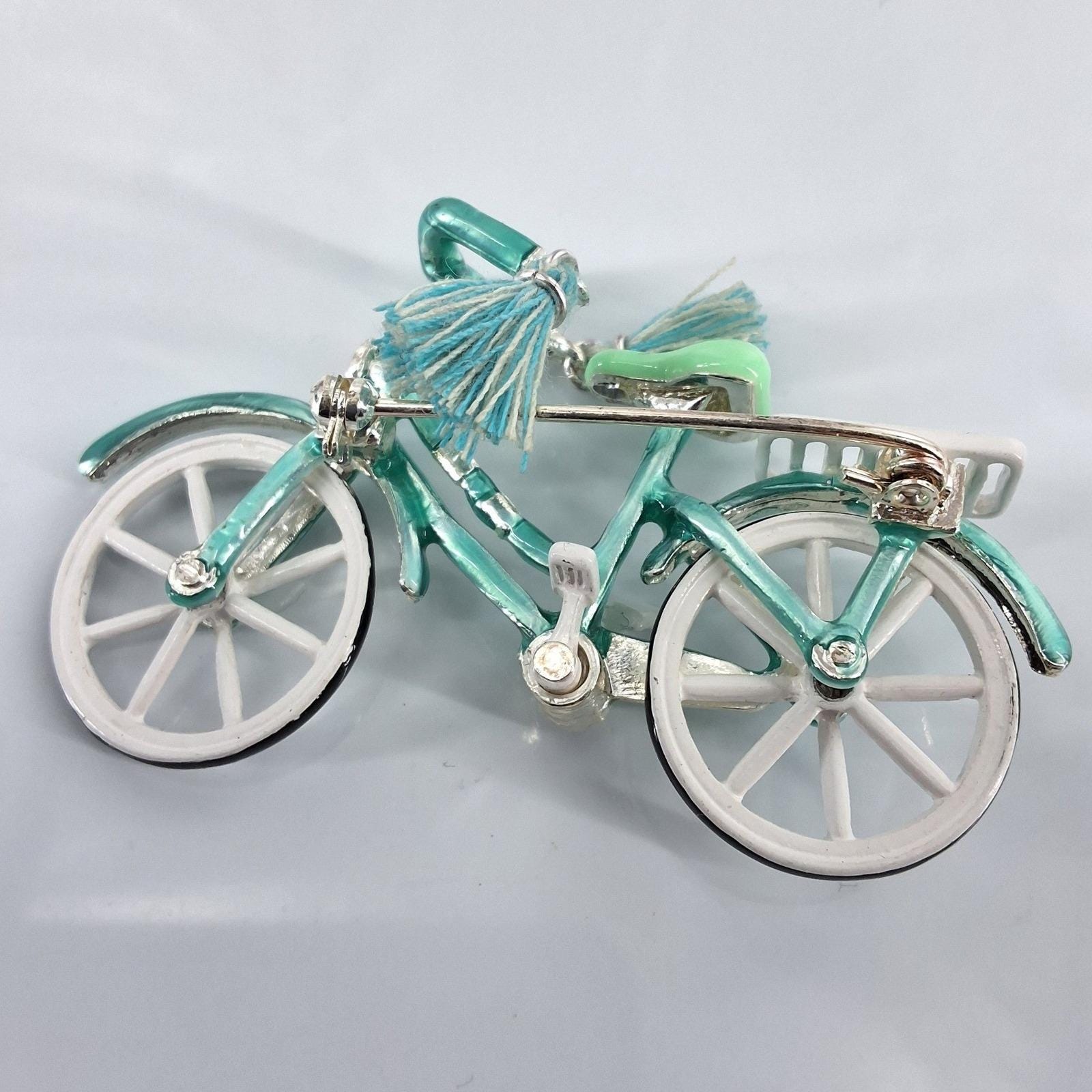 Teal Enamel Bicycle Brooch Silver Tone Tassel Rhinestone Novelty Pin Accessory - View 6