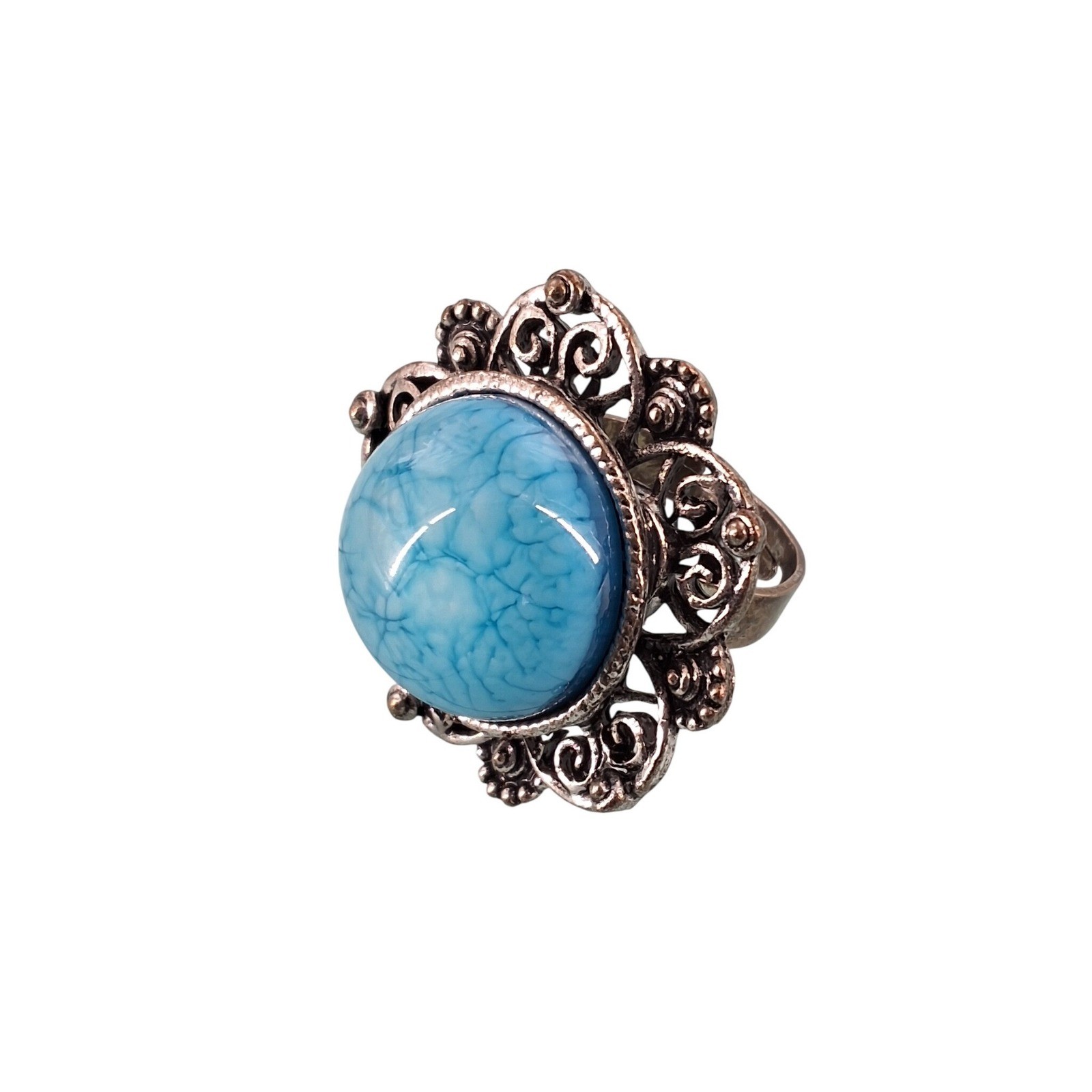 Vintage Blue Marbled Filigree Cocktail Ring Adjustable Silver Tone Statement