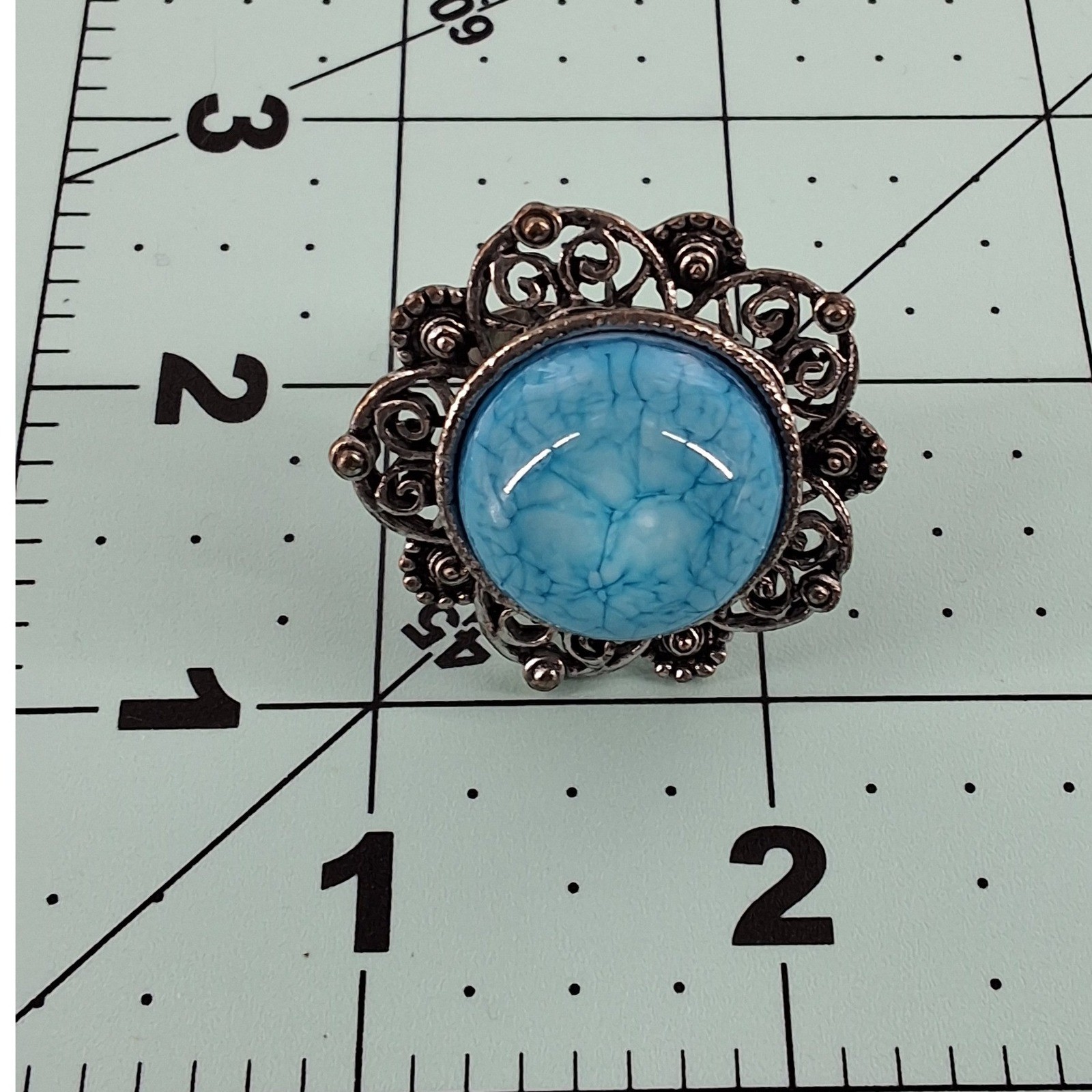 Vintage Blue Marbled Filigree Cocktail Ring Adjustable Silver Tone Statement - View 3