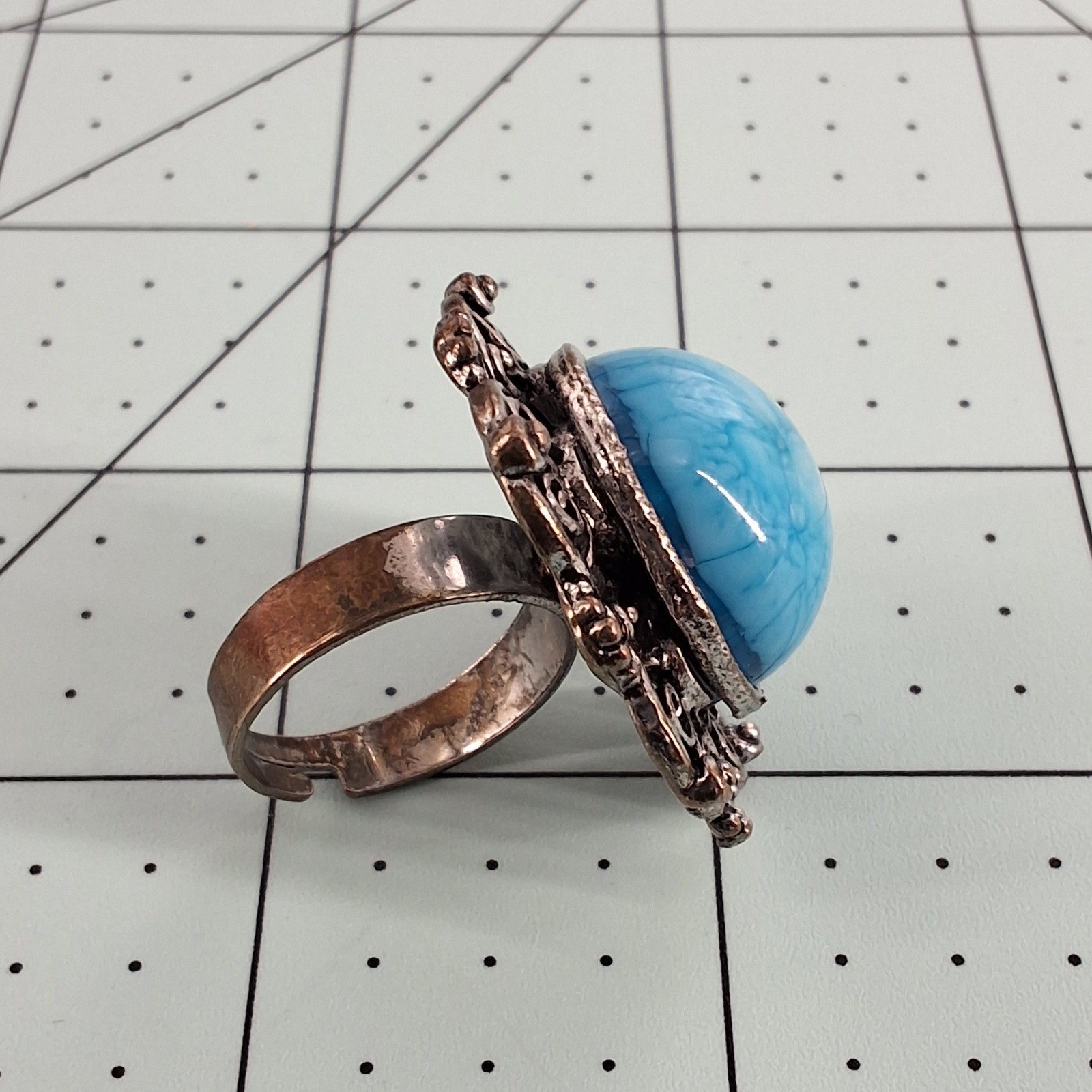 Vintage Blue Marbled Filigree Cocktail Ring Adjustable Silver Tone Statement - View 4