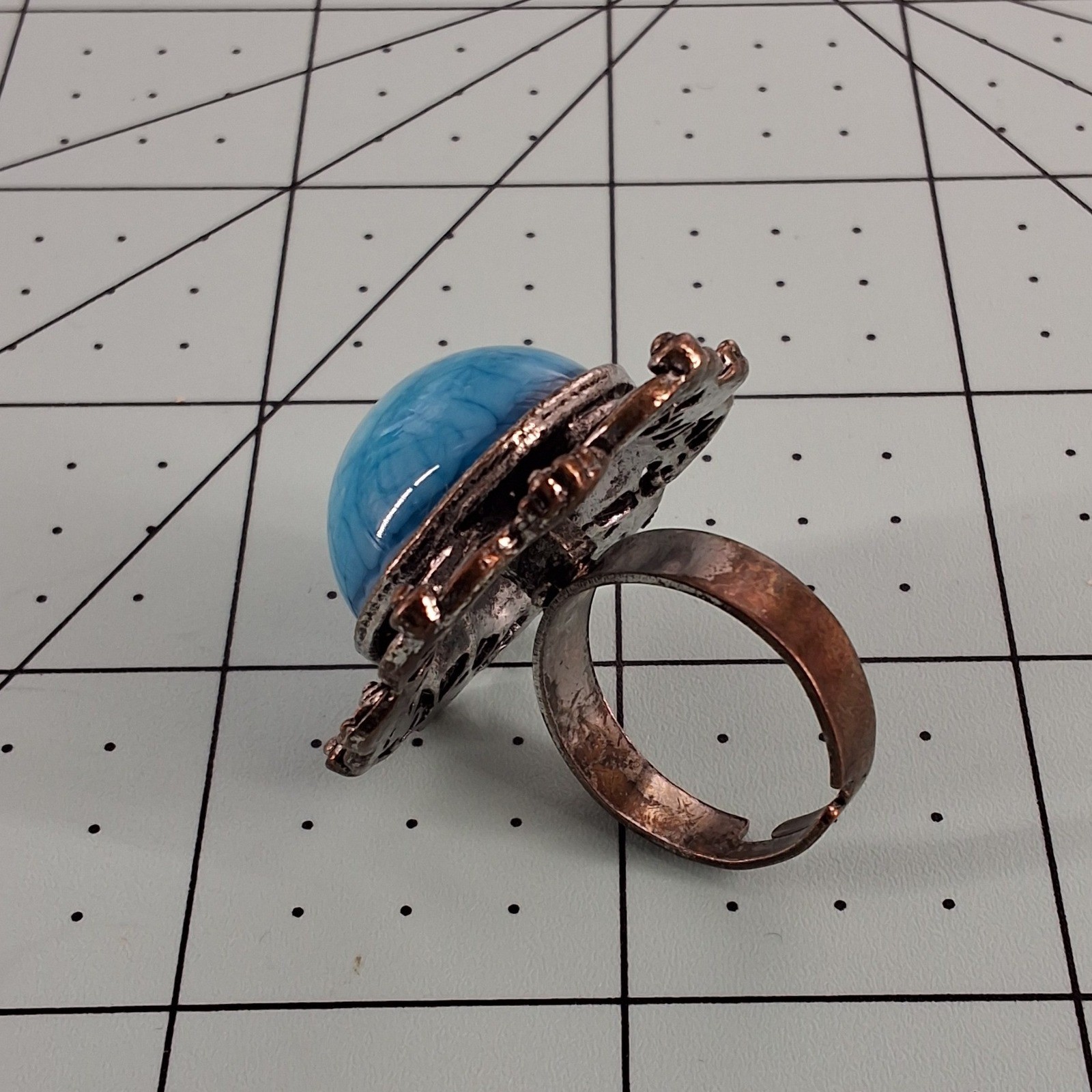 Vintage Blue Marbled Filigree Cocktail Ring Adjustable Silver Tone Statement - View 5