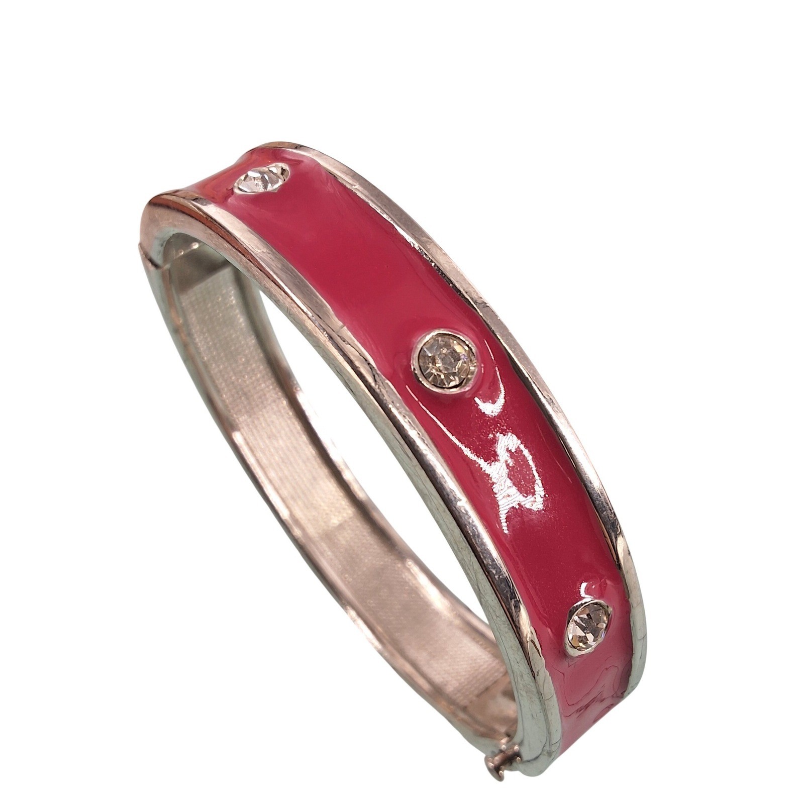 Pink Enamel Silver Tone Hinged Bangle Bracelet with Clear Rhinestones Modern