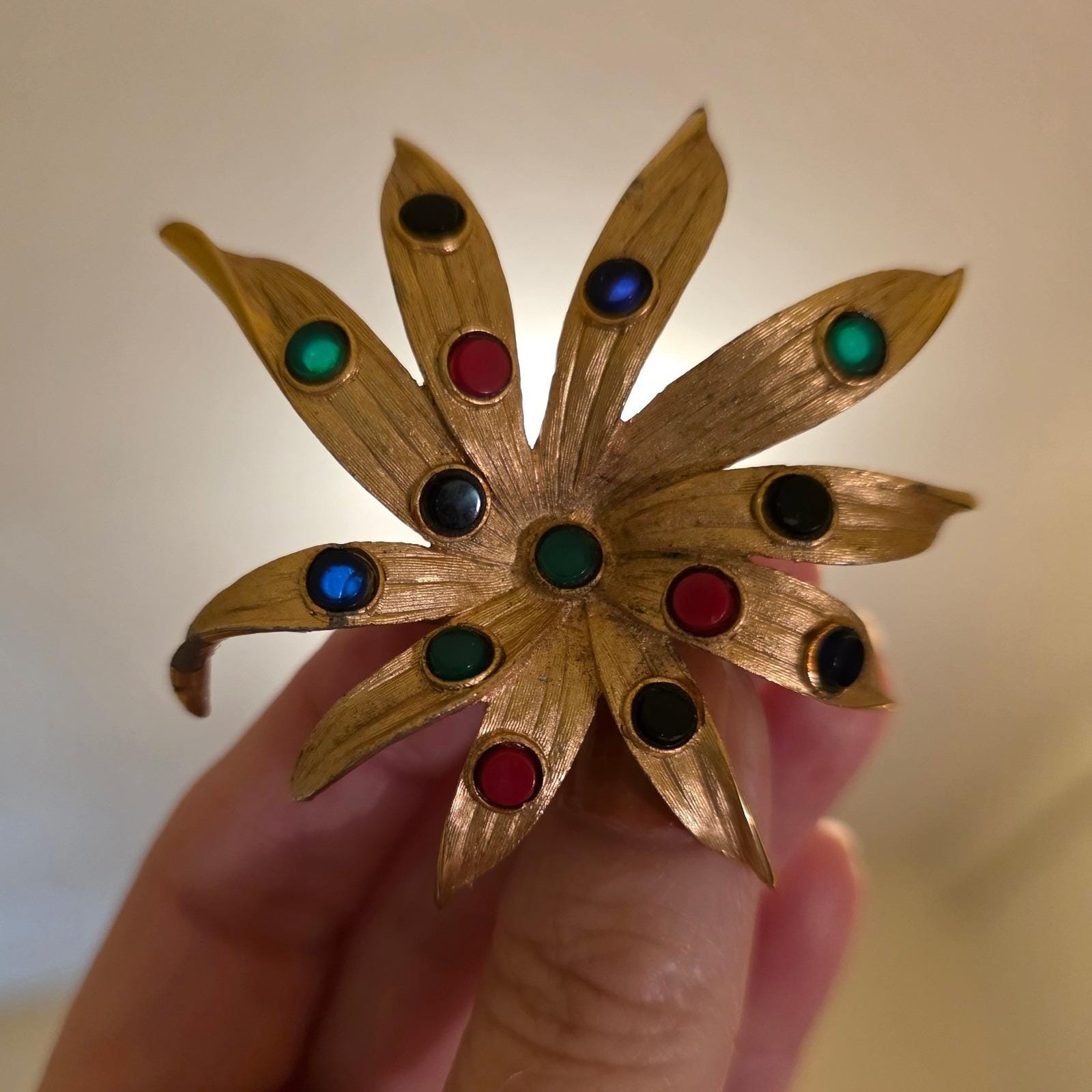 Vintage Kramer of New York Sunburst Brooch Multi-Color Cabochon Gold Tone