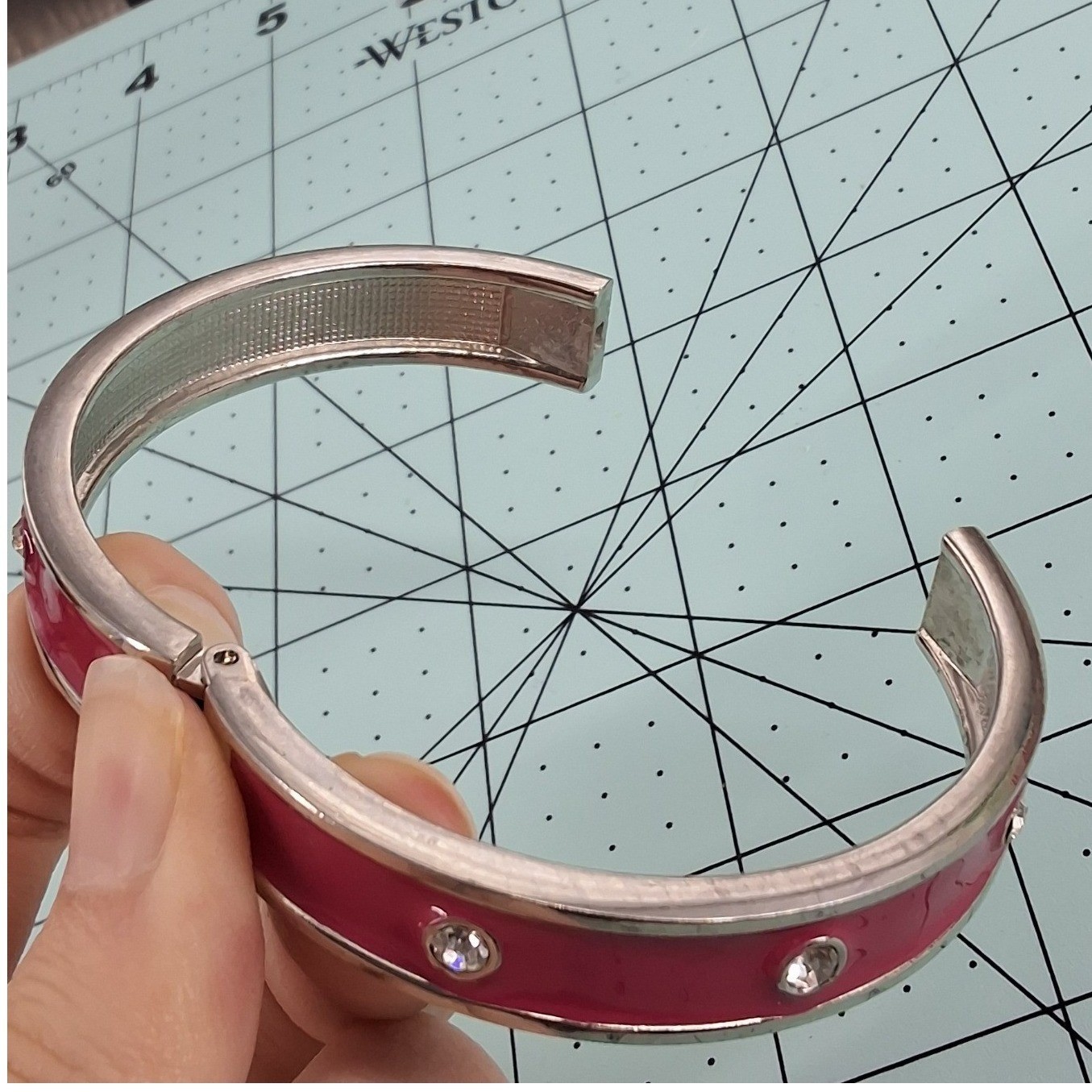 Pink Enamel Silver Tone Hinged Bangle Bracelet with Clear Rhinestones Modern
