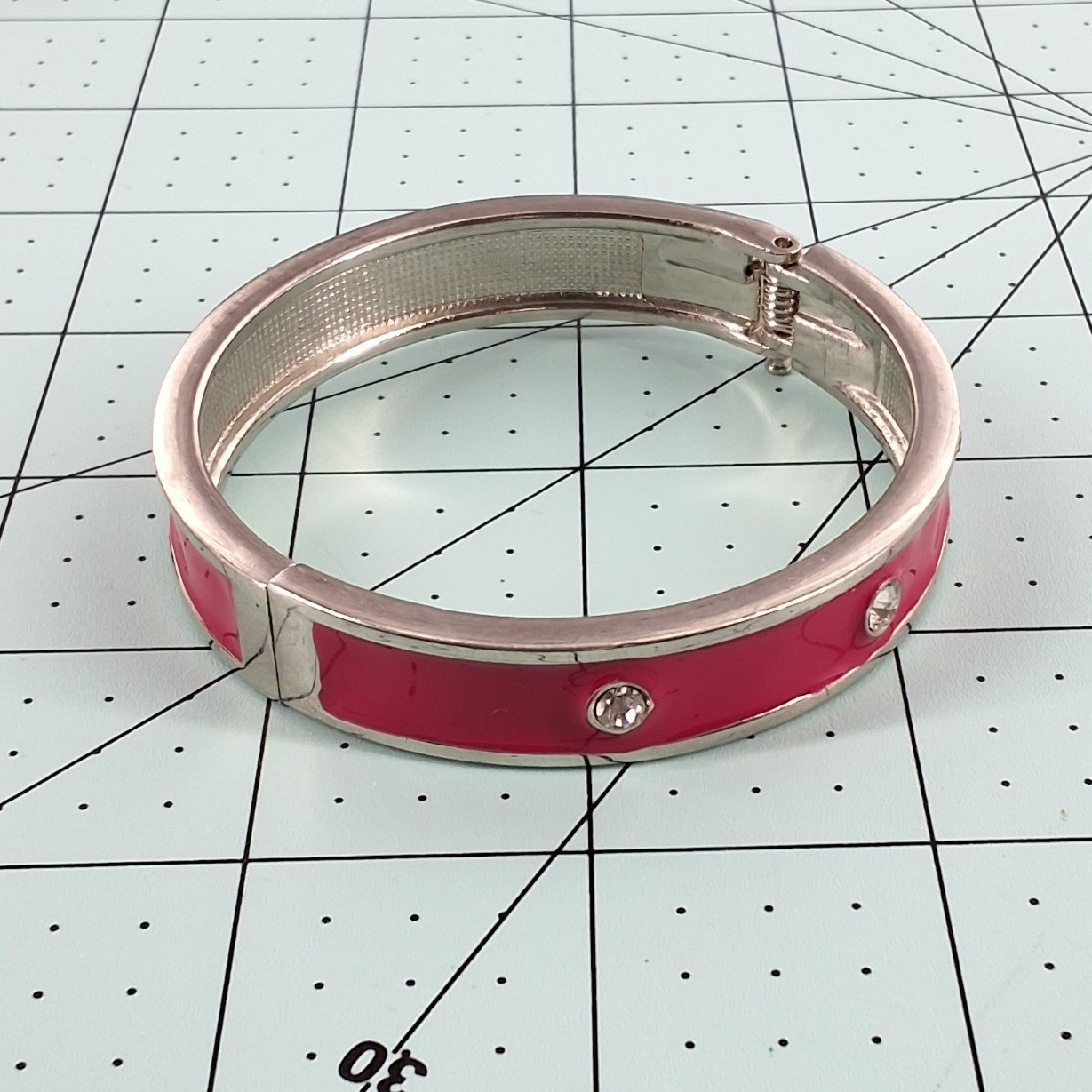 Pink Enamel Silver Tone Hinged Bangle Bracelet with Clear Rhinestones Modern - View 4
