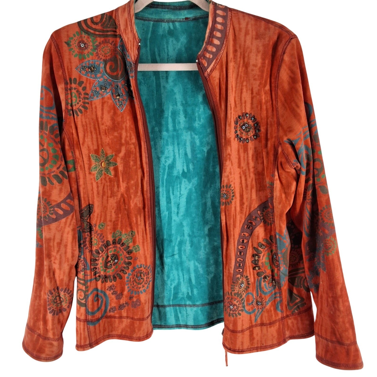 Coldwater Creek Indigo Moon Reversible Embroidered Jacket Orange Teal Artsy M