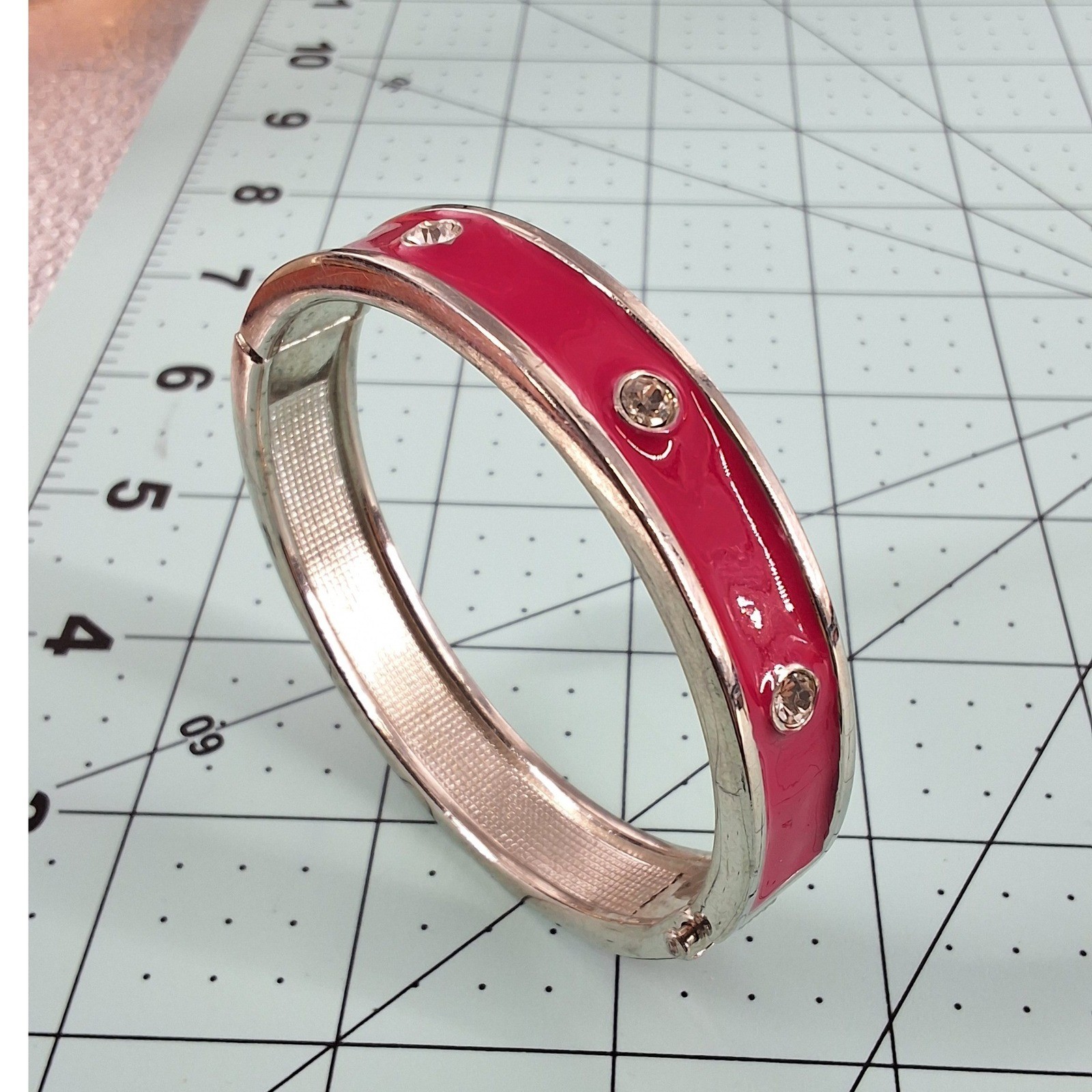 Pink Enamel Silver Tone Hinged Bangle Bracelet with Clear Rhinestones Modern - View 5