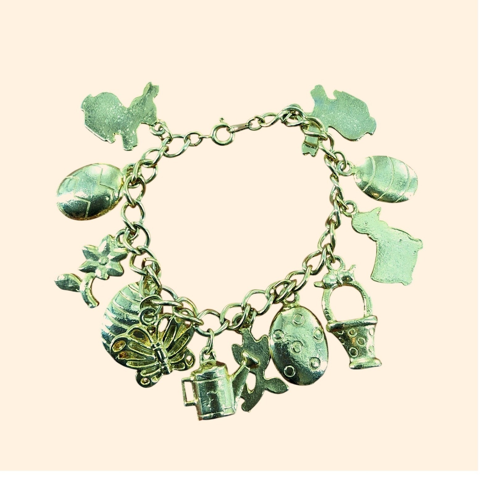 Gold Tone Easter Spring Charm Bracelet Bunny Egg Butterfly Watering Can 7.5 Inch