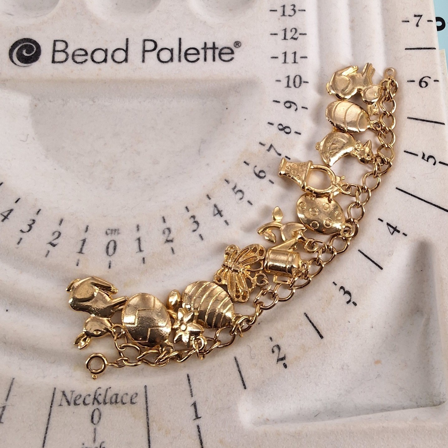 Gold Tone Easter Spring Charm Bracelet Bunny Egg Butterfly Watering Can 7.5 Inch - View 3