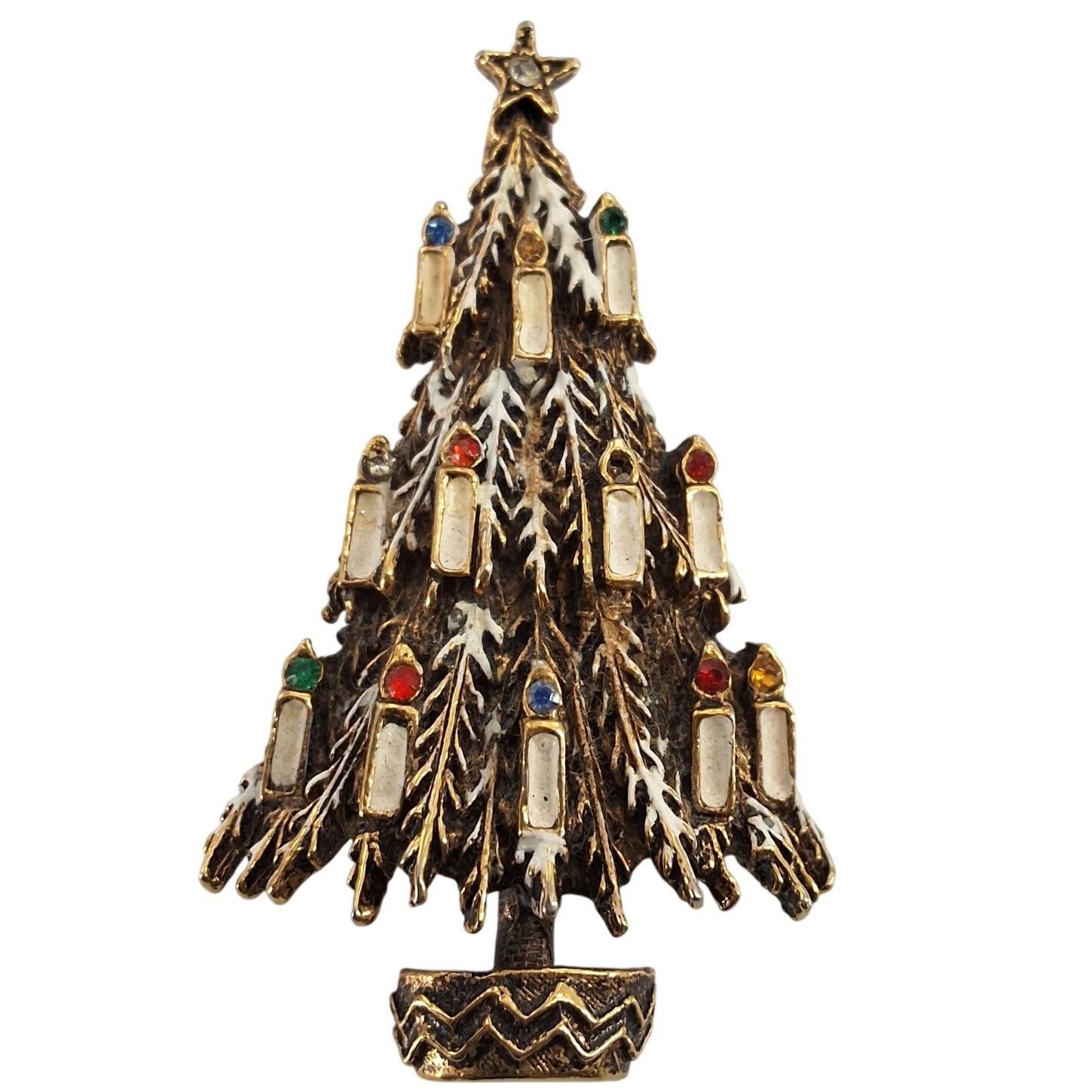 Vintage Signed Art Christmas Tree Brooch Gold Tone Snowy Enamel Rhinestone Pin