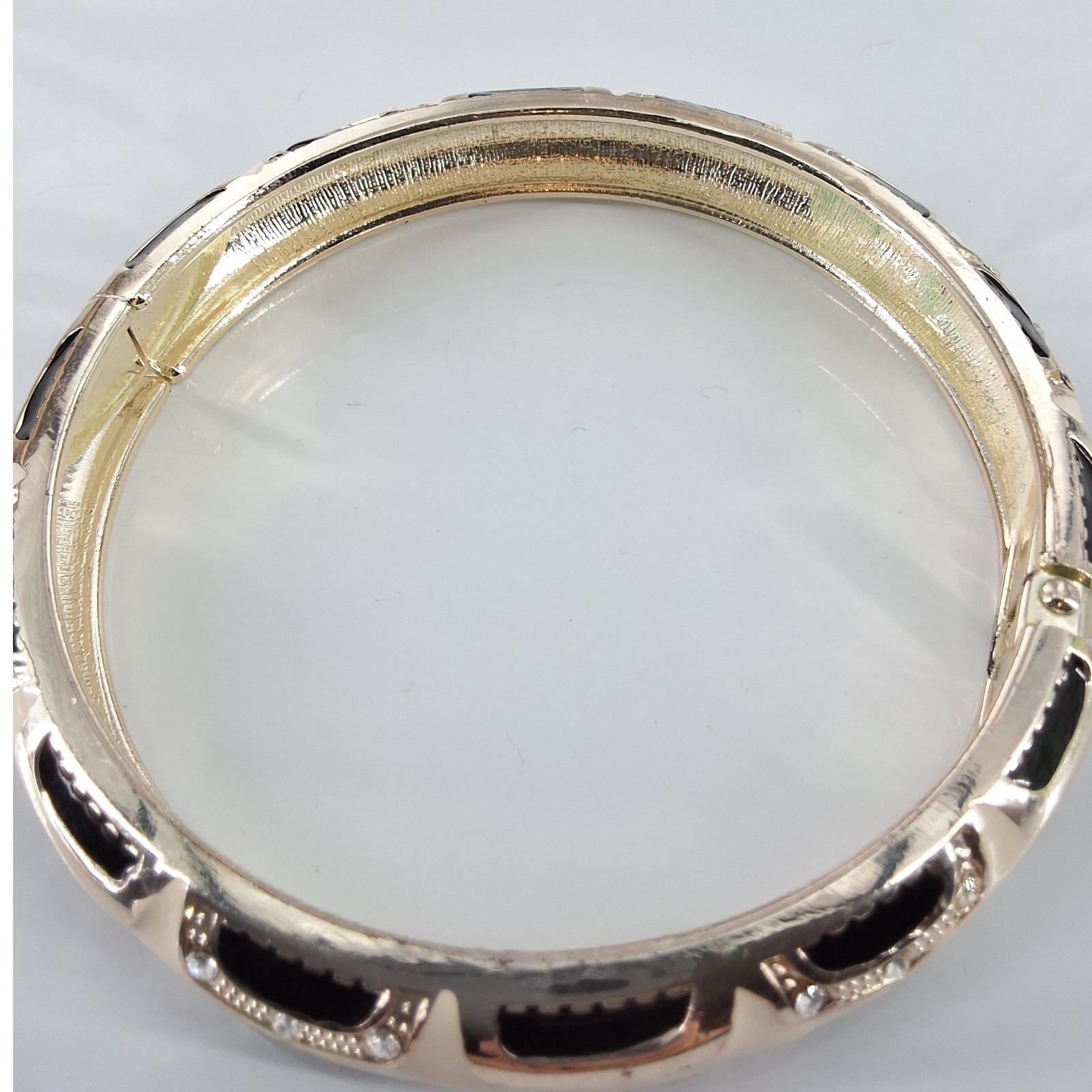 Vintage Black Enamel Gold Tone Hinged Bangle Bracelet Rhinestone Art Deco Style