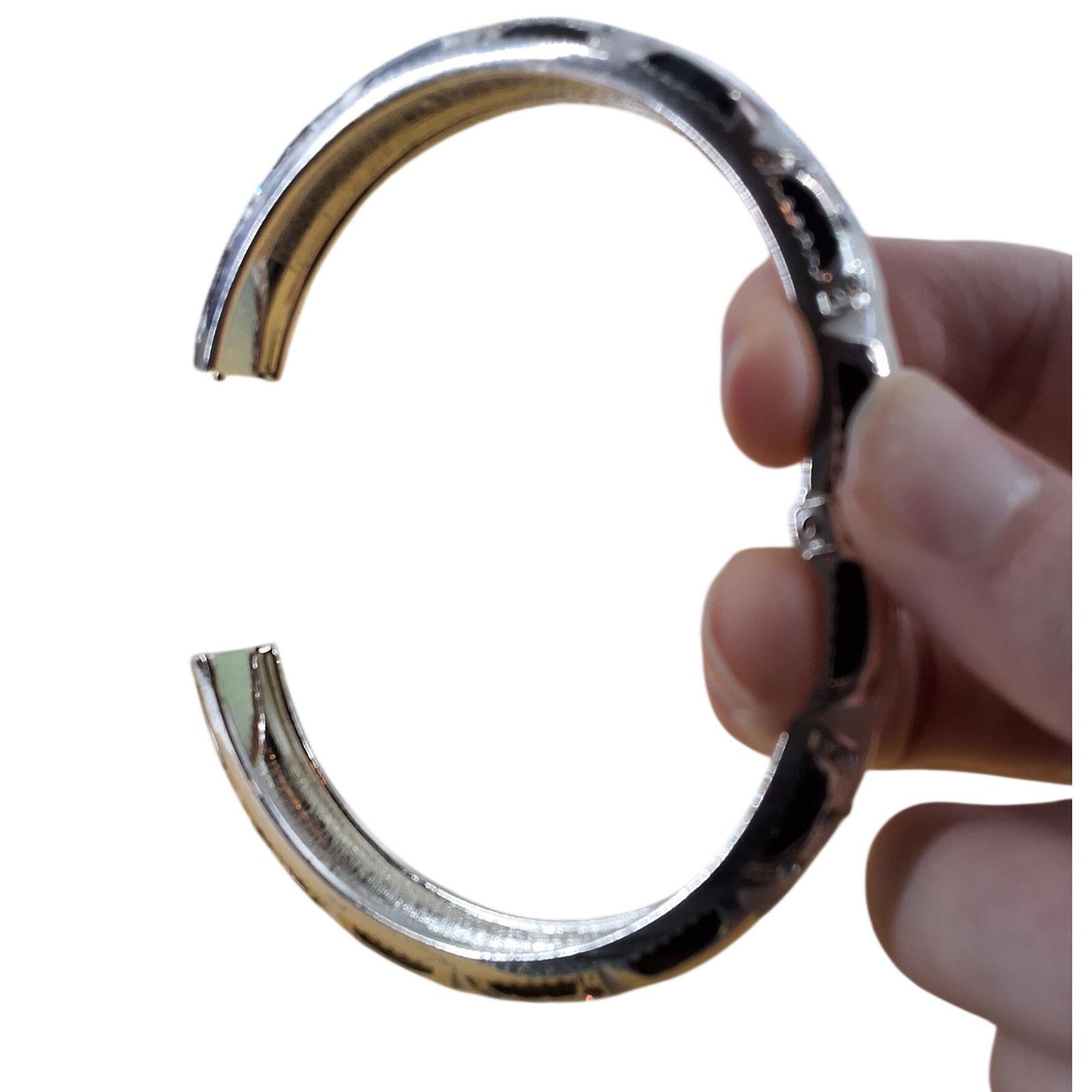 Vintage Black Enamel Gold Tone Hinged Bangle Bracelet Rhinestone Art Deco Style - View 4