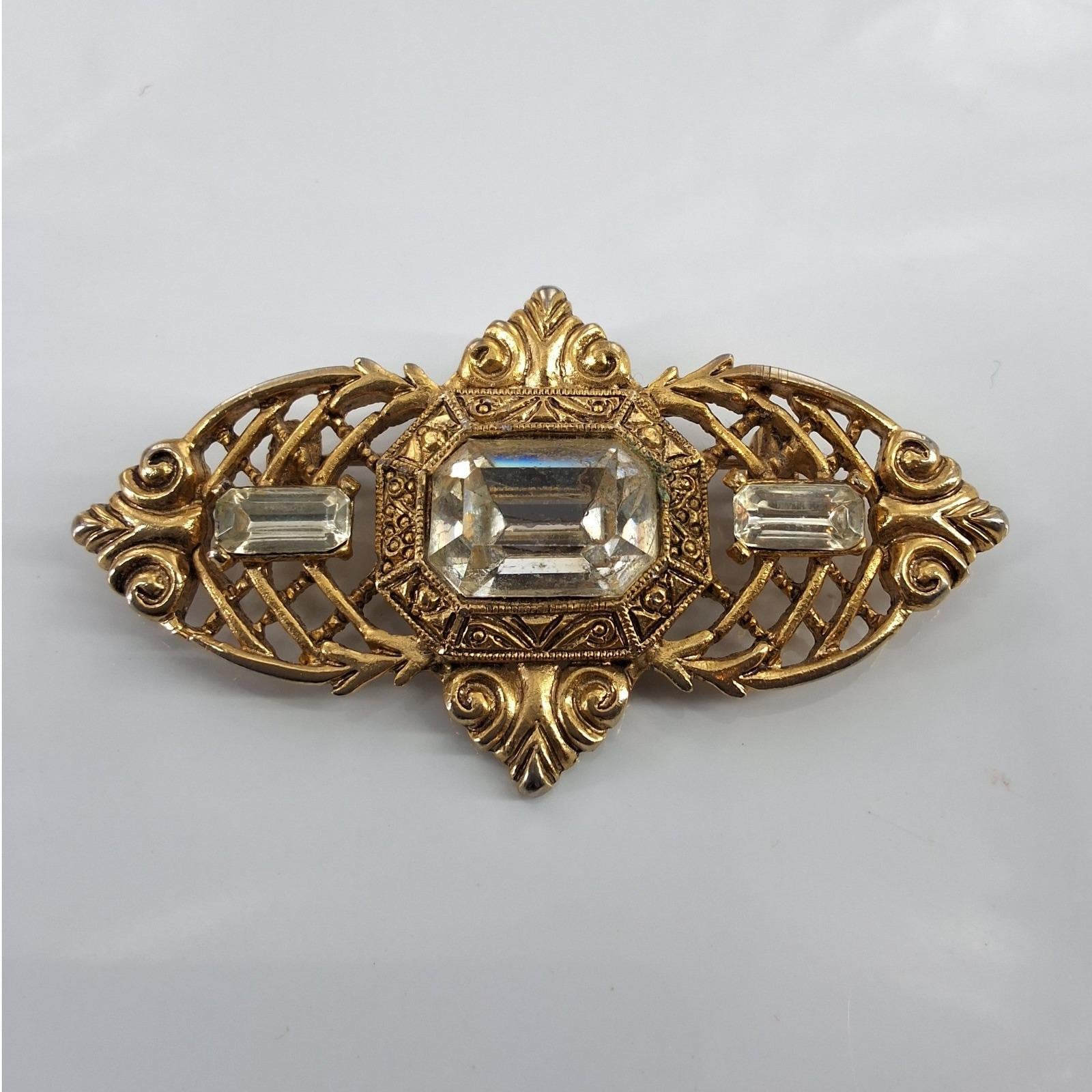 Vintage Gold Tone Filigree Brooch Victorian Revival Emerald Cut Rhinestone