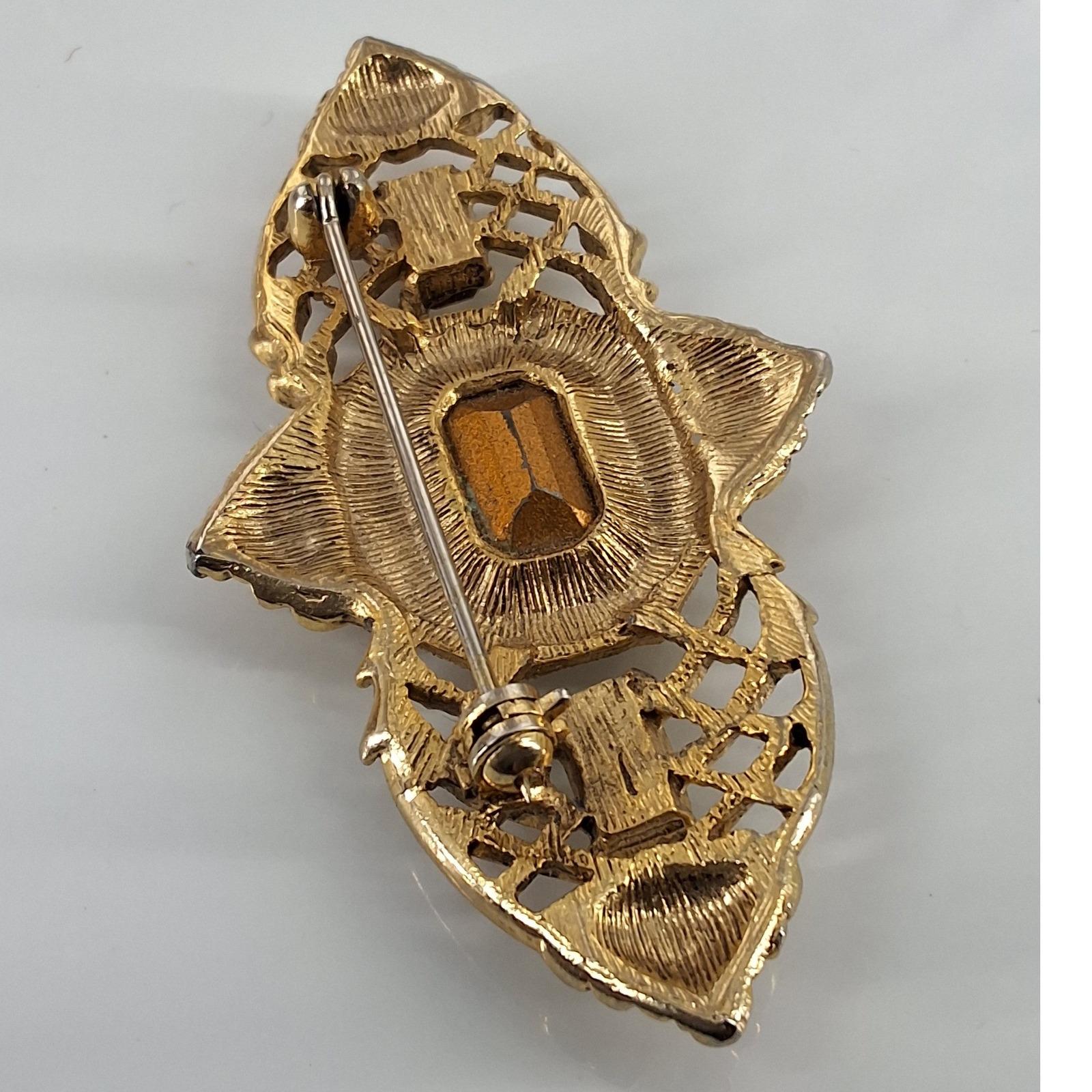 Vintage Gold Tone Filigree Brooch Victorian Revival Emerald Cut Rhinestone