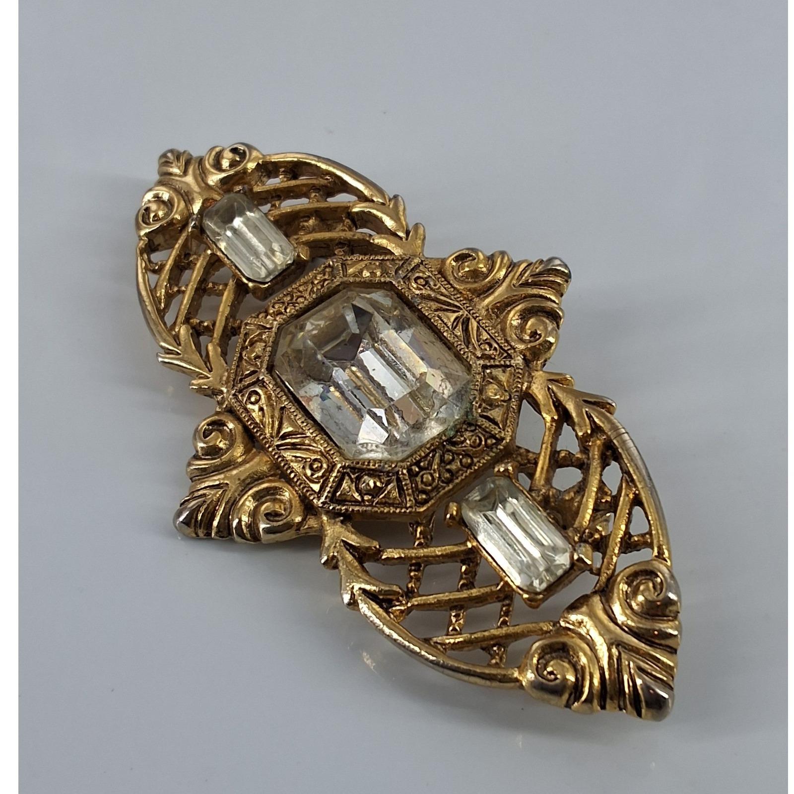 Vintage Gold Tone Filigree Brooch Victorian Revival Emerald Cut Rhinestone - View 3