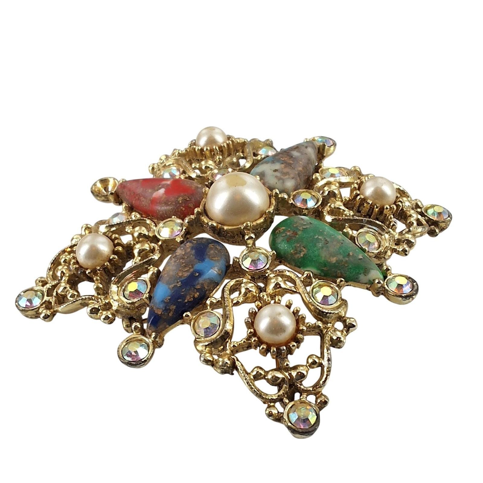 Vintage Sarah Coventry Galaxy Maltese Cross Brooch Pendant Multi Stone Gold