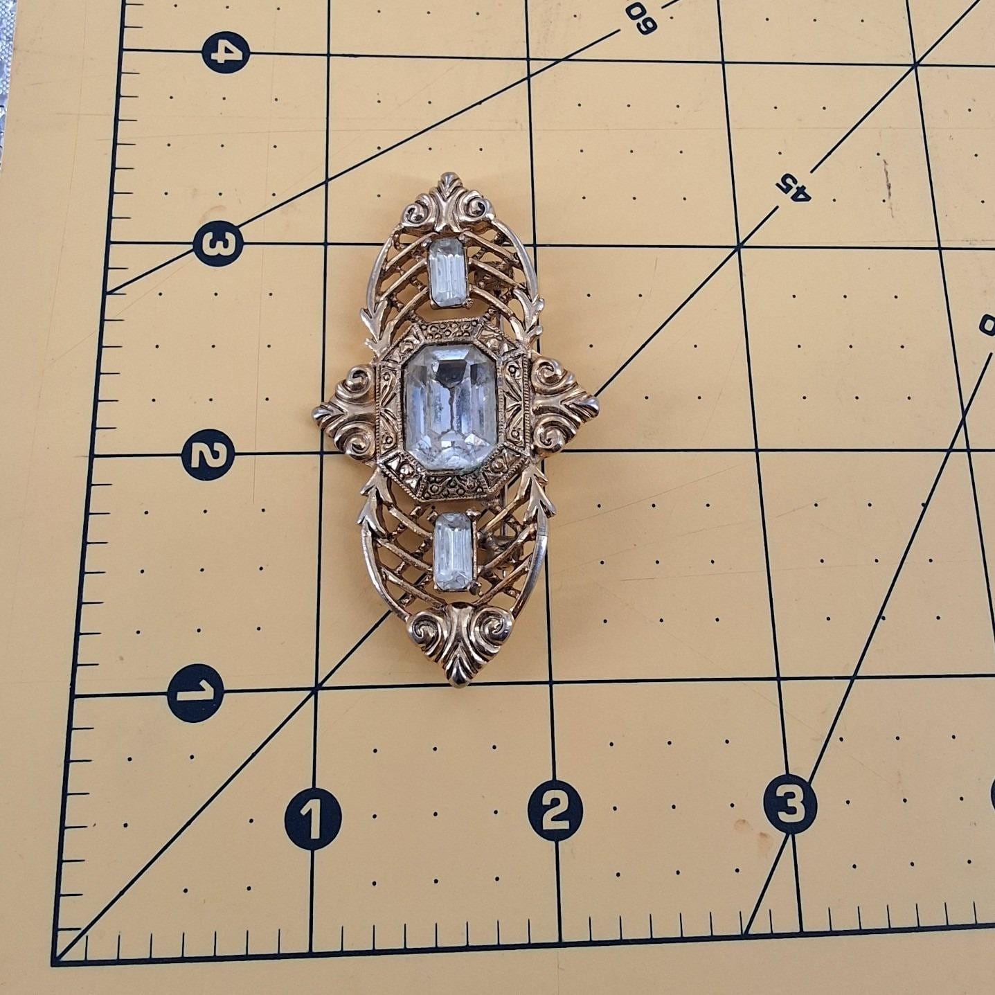 Vintage Gold Tone Filigree Brooch Victorian Revival Emerald Cut Rhinestone - View 5
