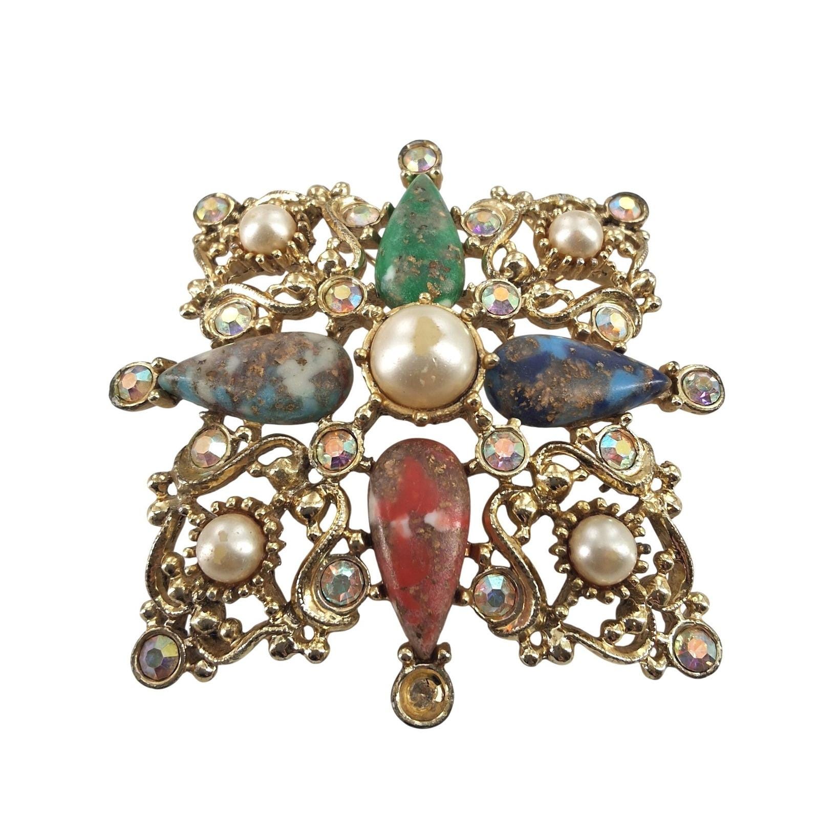Vintage Sarah Coventry Galaxy Maltese Cross Brooch Pendant Multi Stone Gold - View 4