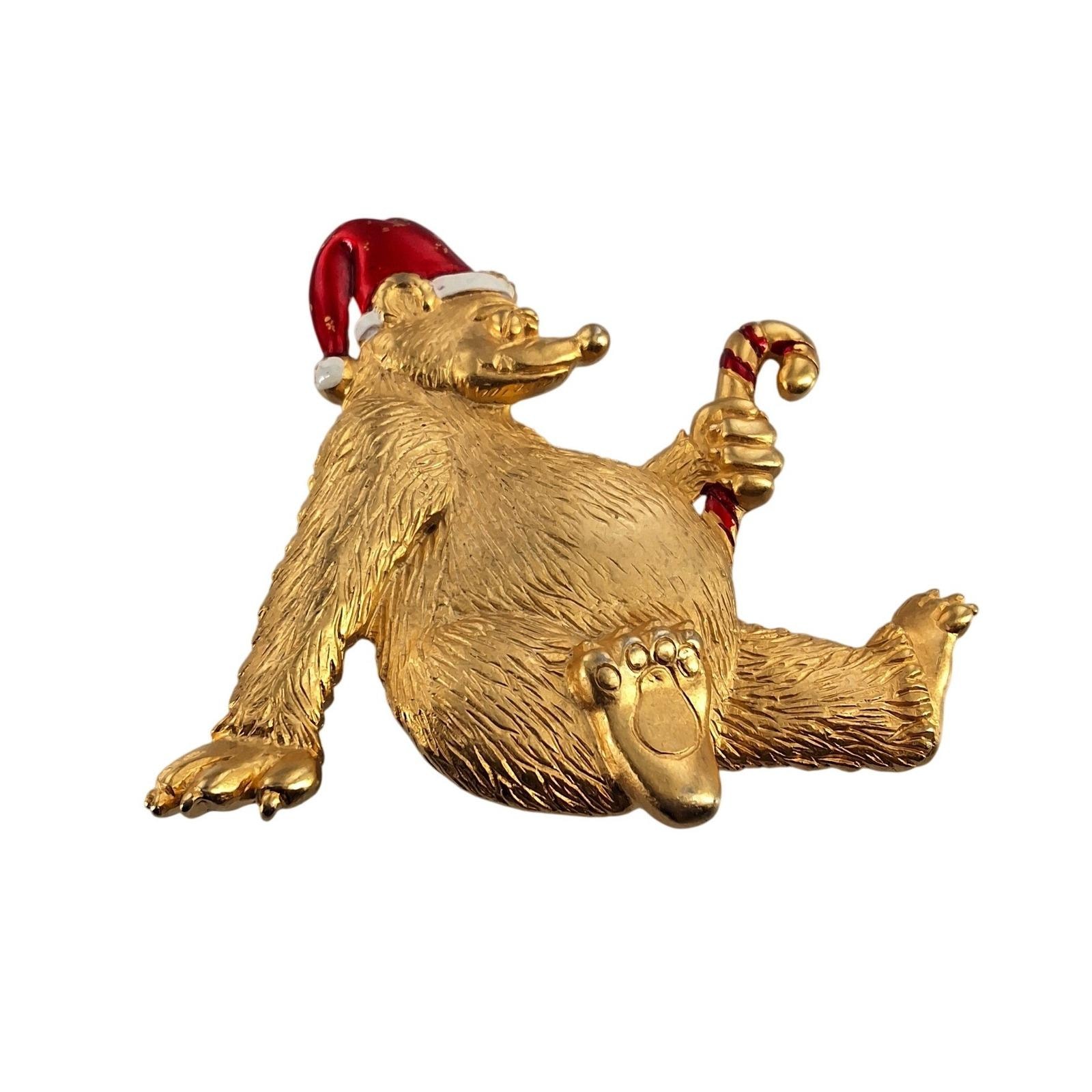 Vintage JJ Jonette Christmas Polar Bear Santa Hat Candy Cane Brooch Pin