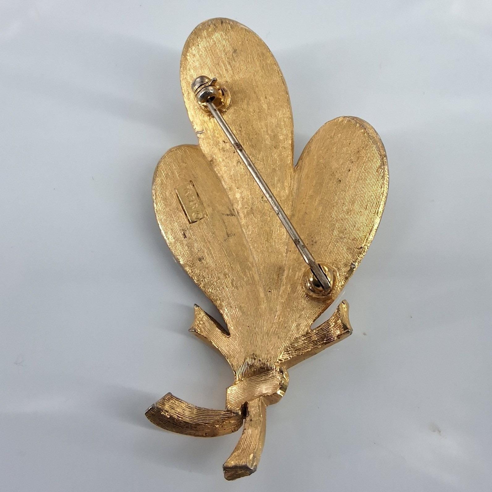 Vintage Crown Trifari Brushed Gold Leaf Spray Brooch Ribbon Bow Pin 1960s - View 4