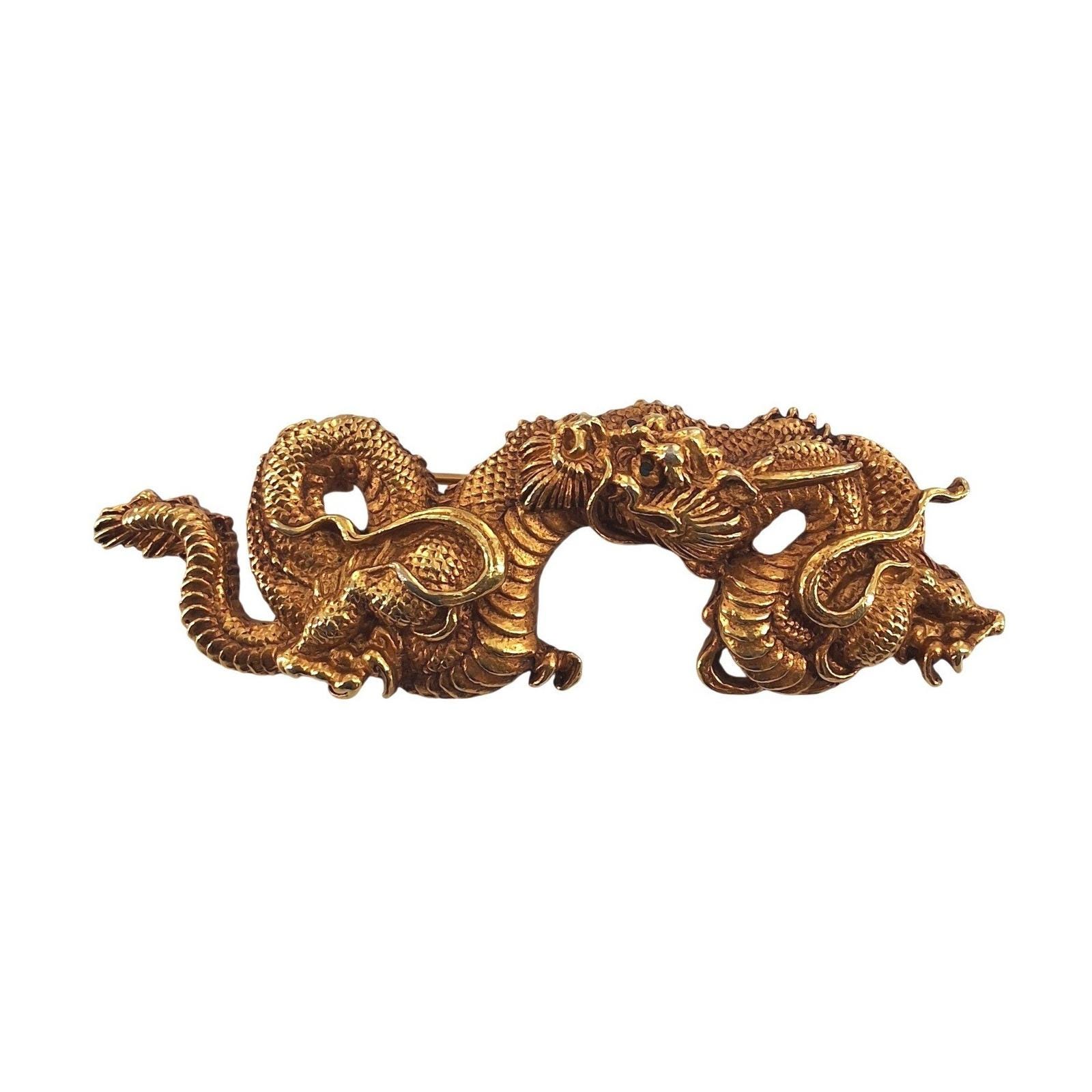 Vintage Alva Museum Replica Gold Menuki Dragon Brooch Pin Serpentine 3.5