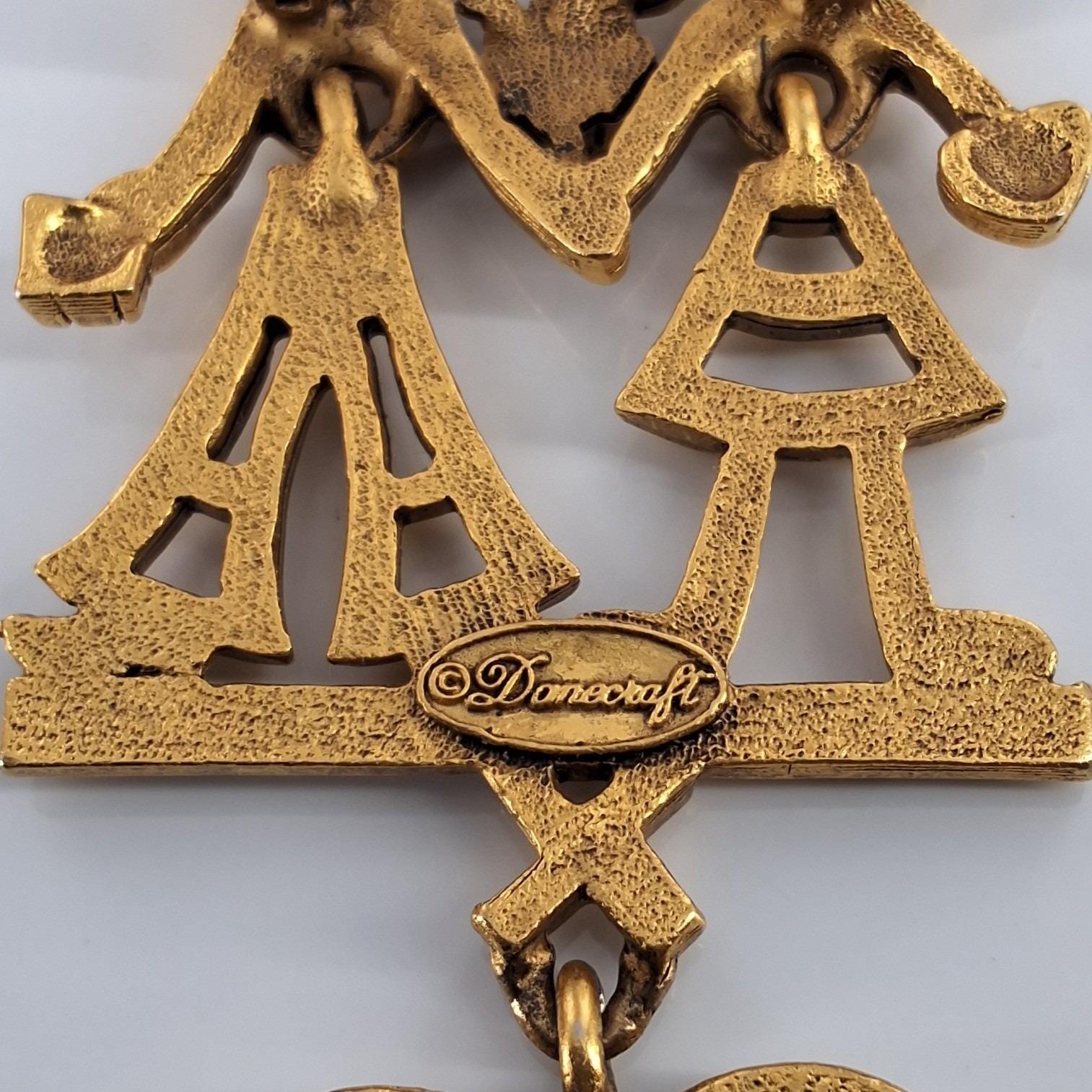 Danecraft Vintage Best Friends XOX Dangling Heart Brooch Pin Gold Tone