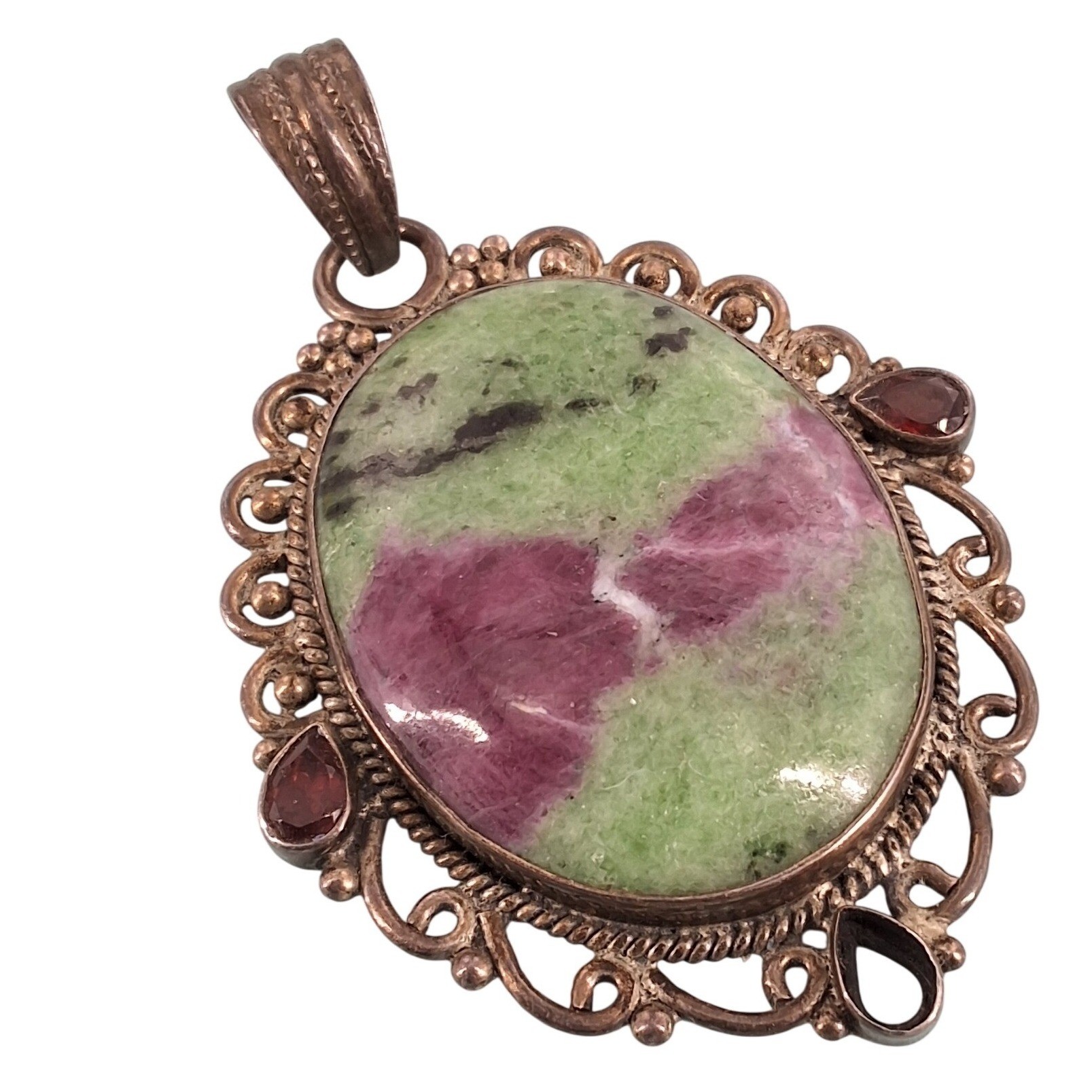 Natural Ruby in Zoisite & Garnet Pendant Anyolite Filigree - Needs Repair