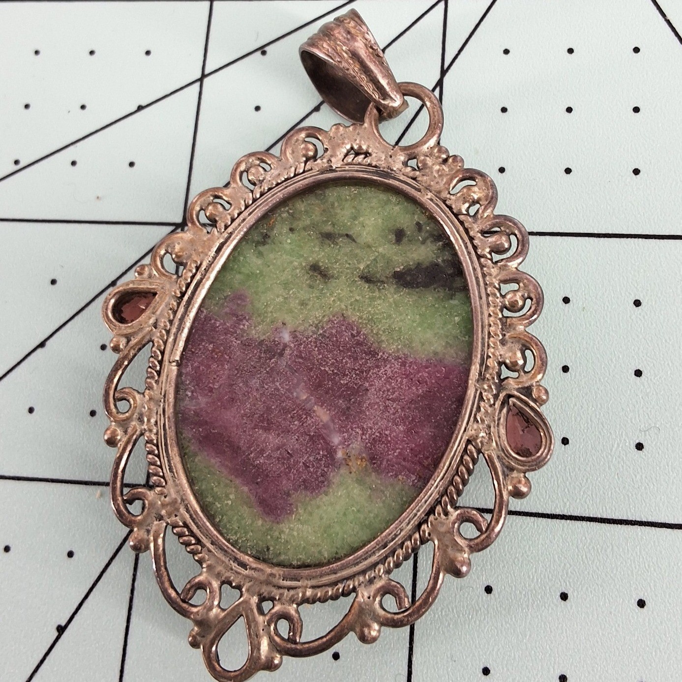 Natural Ruby in Zoisite & Garnet Pendant Anyolite Filigree - Needs Repair