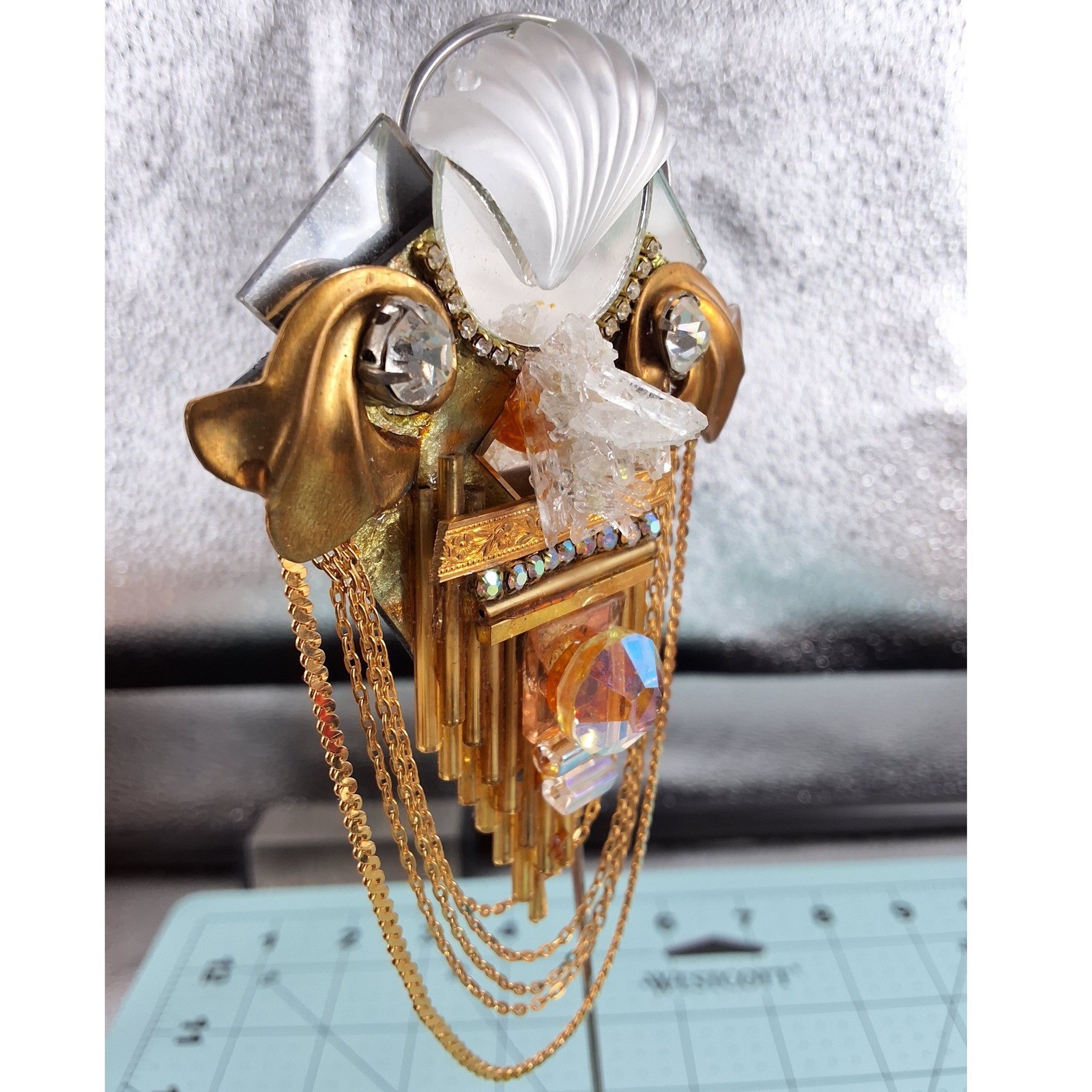 Art Deco Revival Assemblage Brooch - Quartz Crystal Shell & Draped Chain Gold - View 8