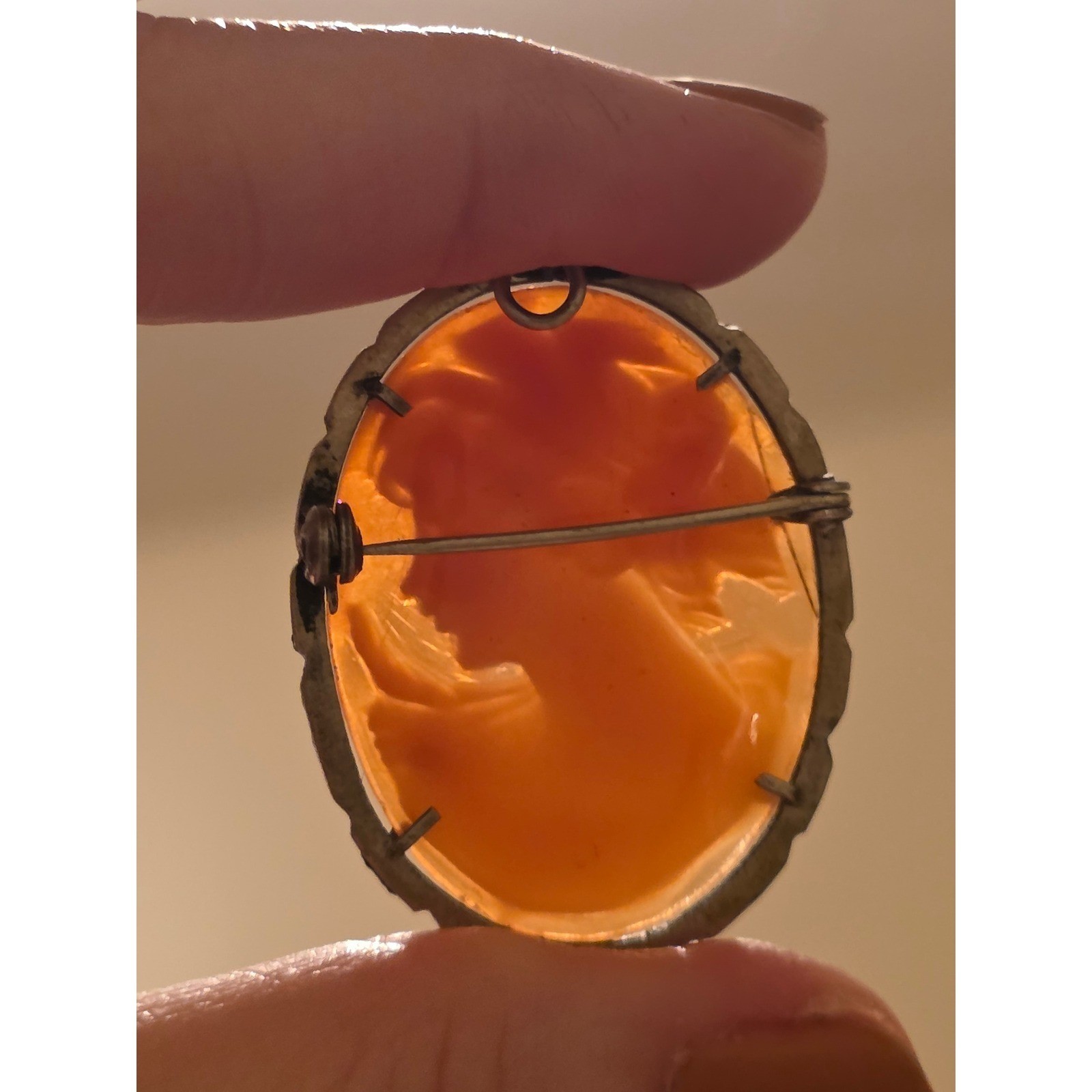 Vintage 800 Silver Carnelian Shell Cameo Brooch Pendant Marcasite Scalloped