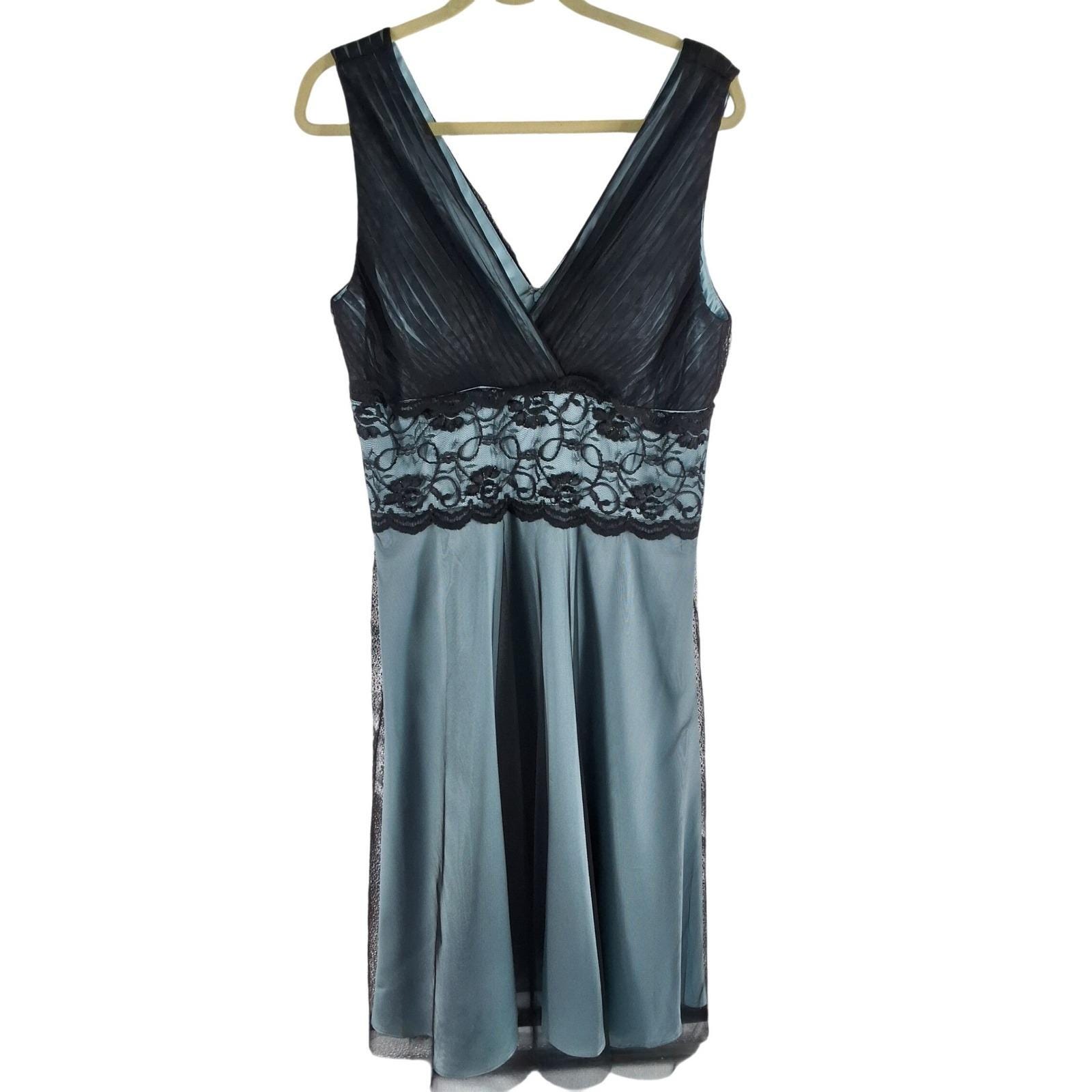 Coldwater Creek Black Blue Mesh Lace Overlay Cocktail Dress Size 14 V-Neck Midi