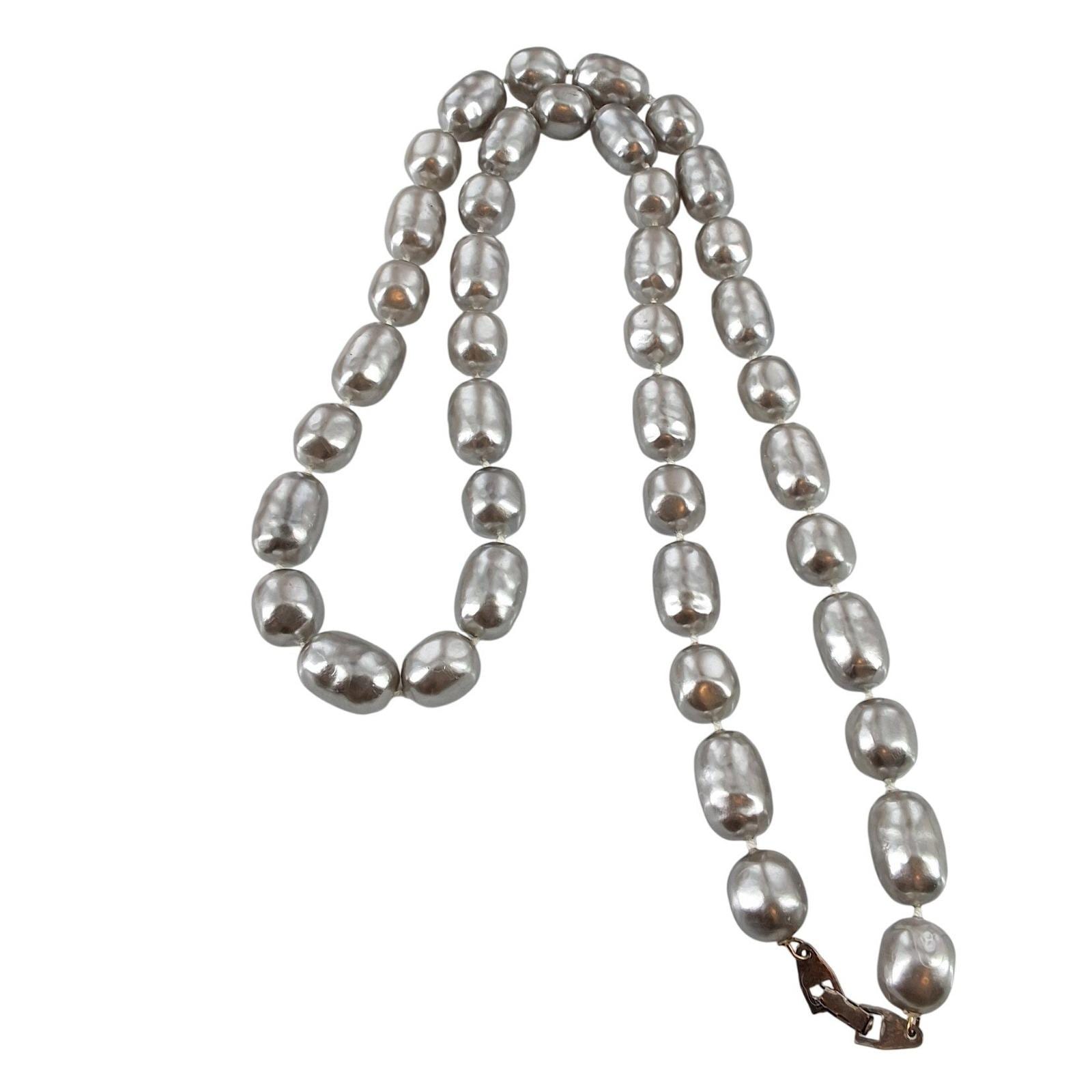 Vintage Silver Metallic Baroque Faux Pearl Statement Necklace 30" Knotted