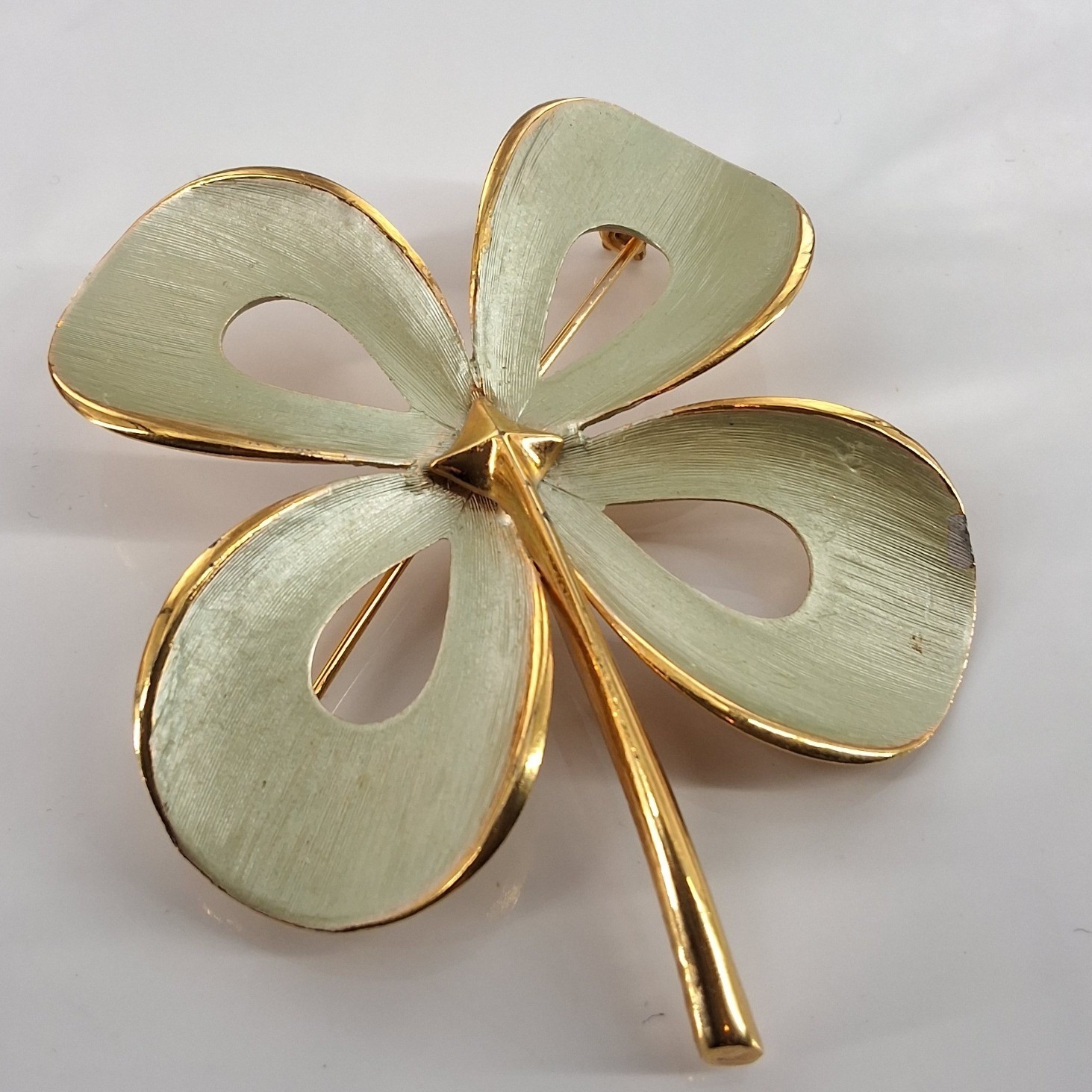 Park Lane Vintage 1970s Four Leaf Clover Brooch Gold Enamel Shamrock Pin 2.5"