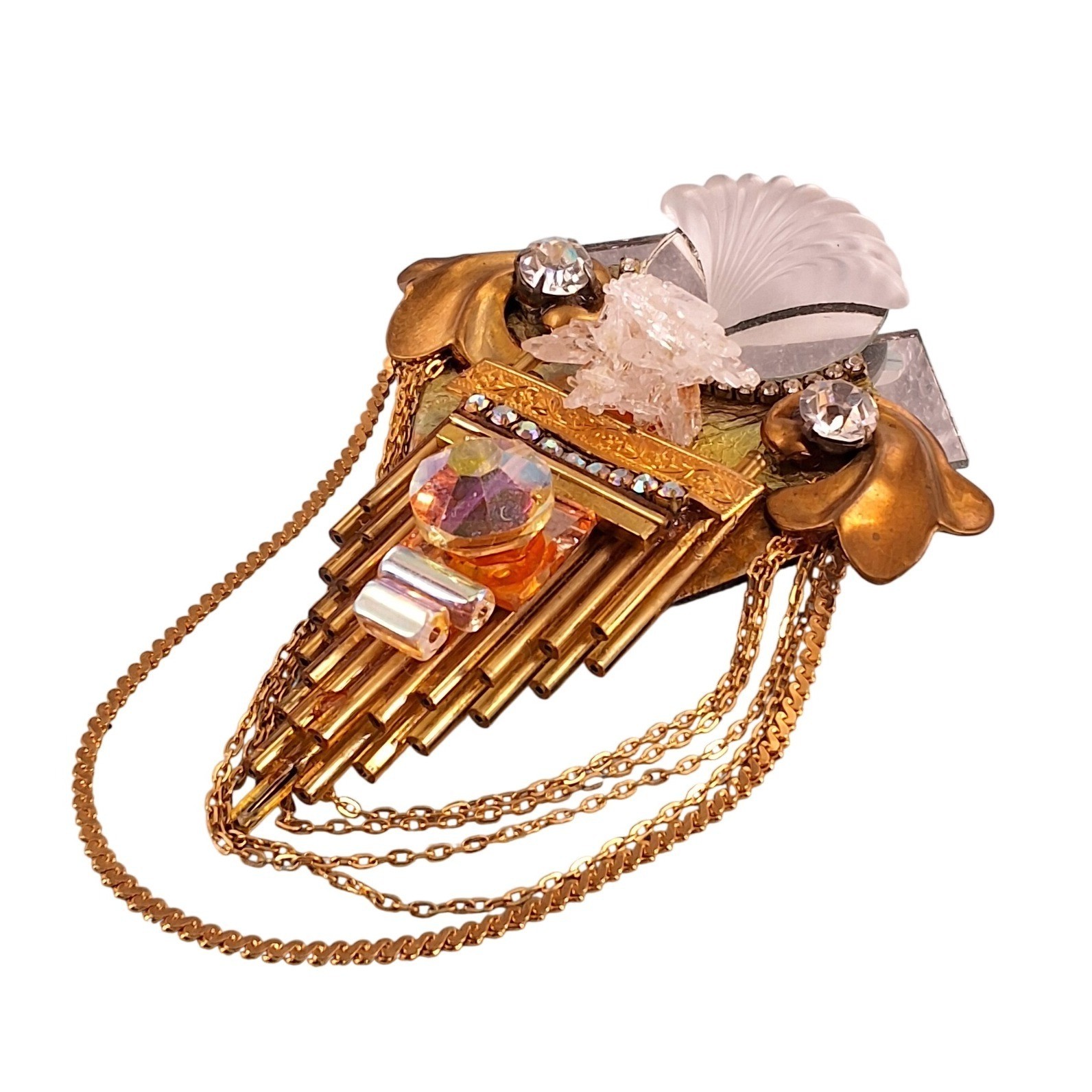 Art Deco Revival Assemblage Brooch - Quartz Crystal Shell & Draped Chain Gold
