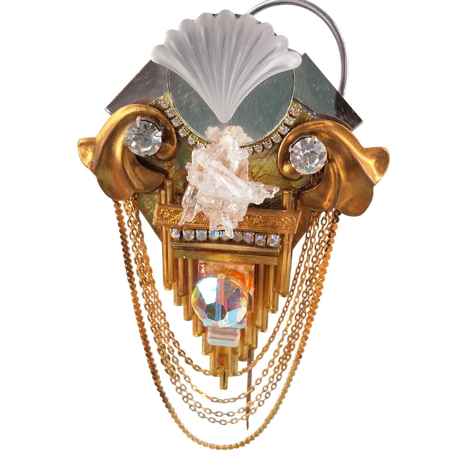 Art Deco Revival Assemblage Brooch - Quartz Crystal Shell & Draped Chain Gold