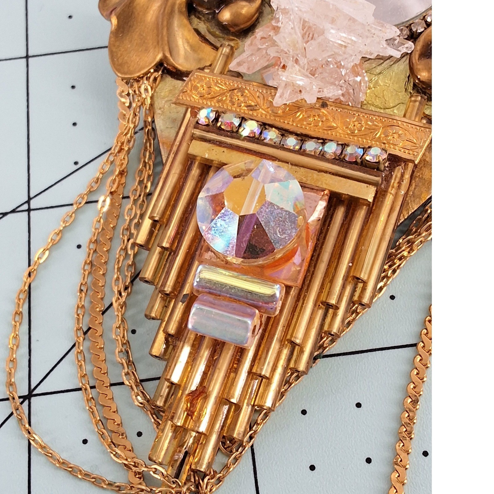 Art Deco Revival Assemblage Brooch - Quartz Crystal Shell & Draped Chain Gold - View 6