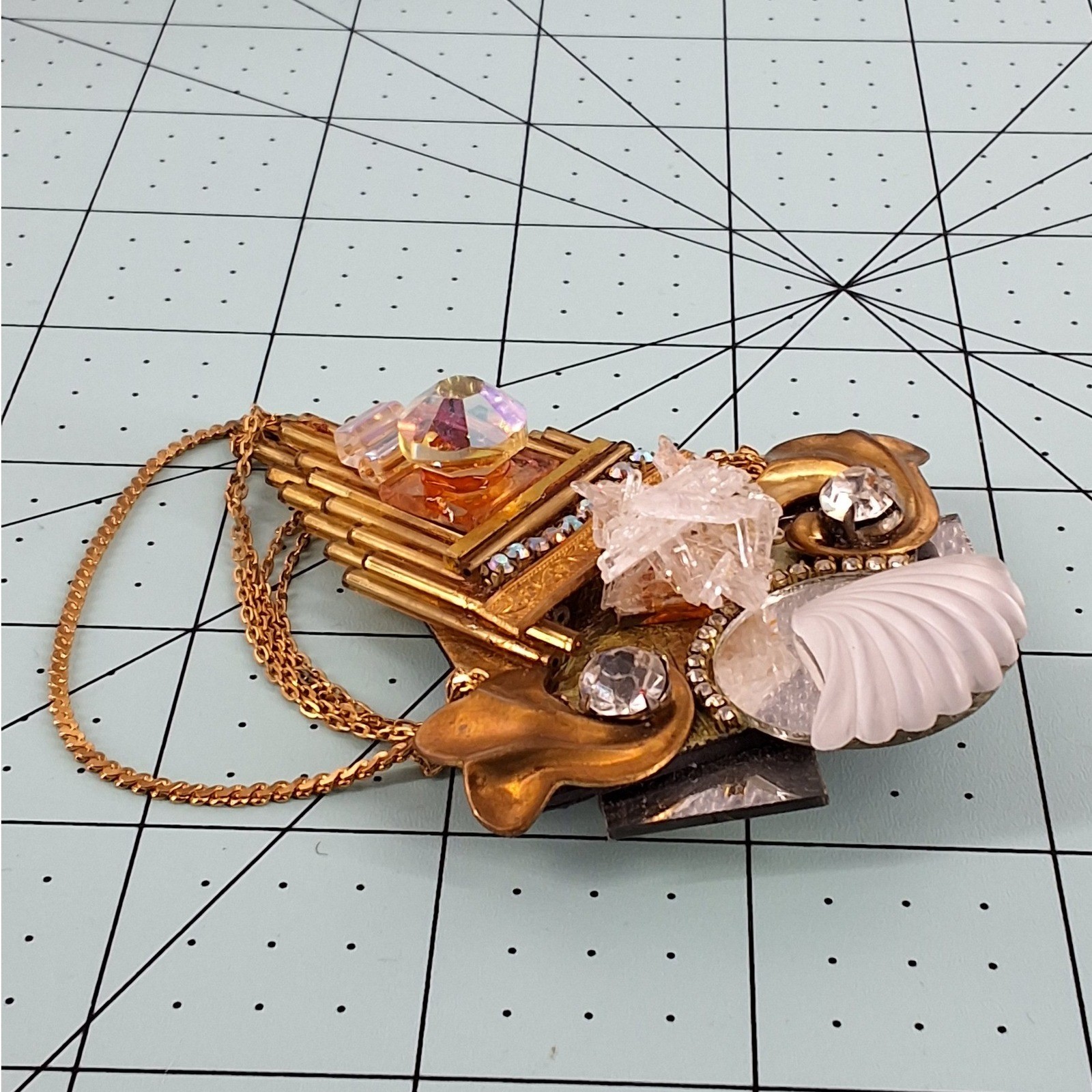 Art Deco Revival Assemblage Brooch - Quartz Crystal Shell & Draped Chain Gold - View 7