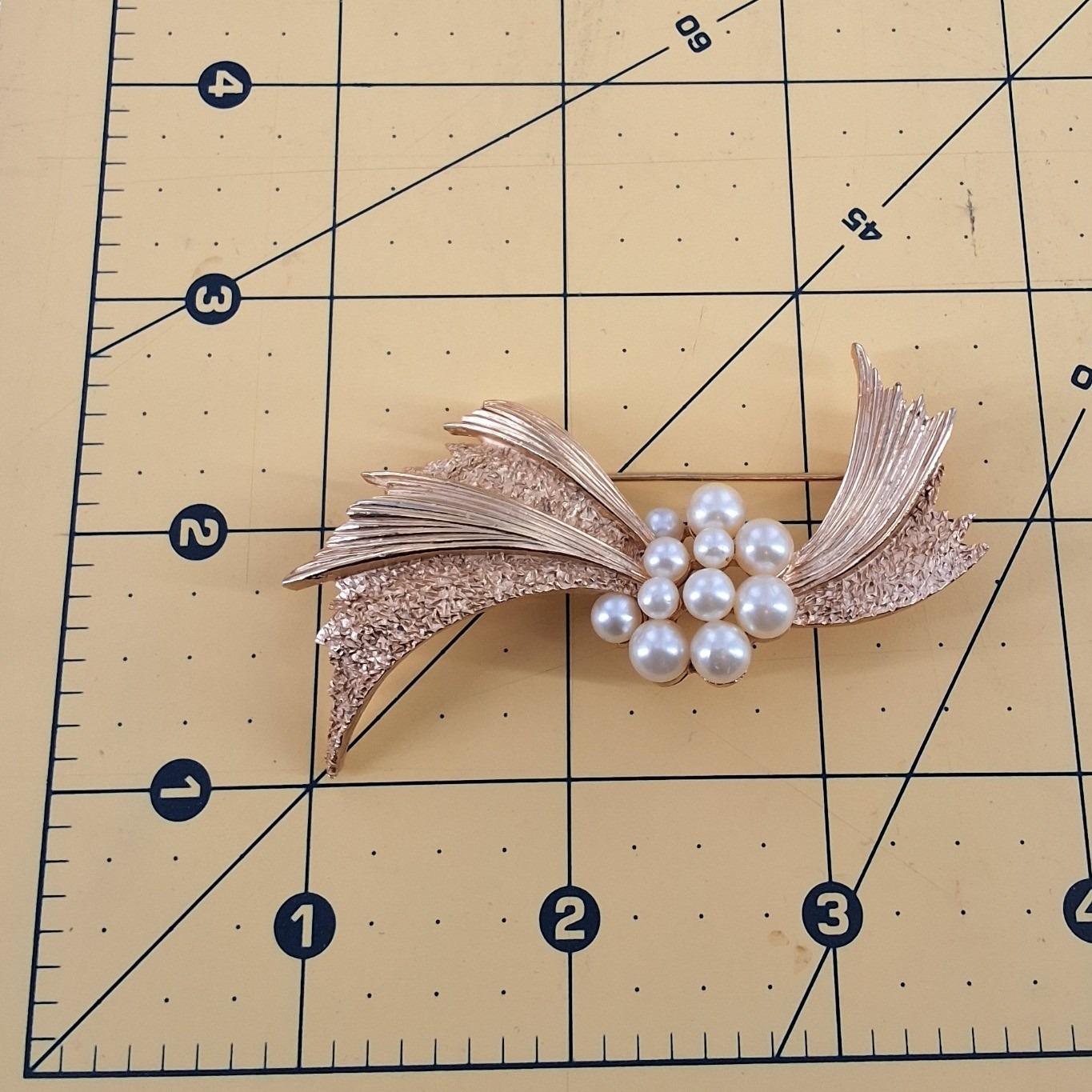 Vintage Crown Trifari Gold Tone Faux Pearl Ribbon Cluster Brooch Mid-Century - View 3