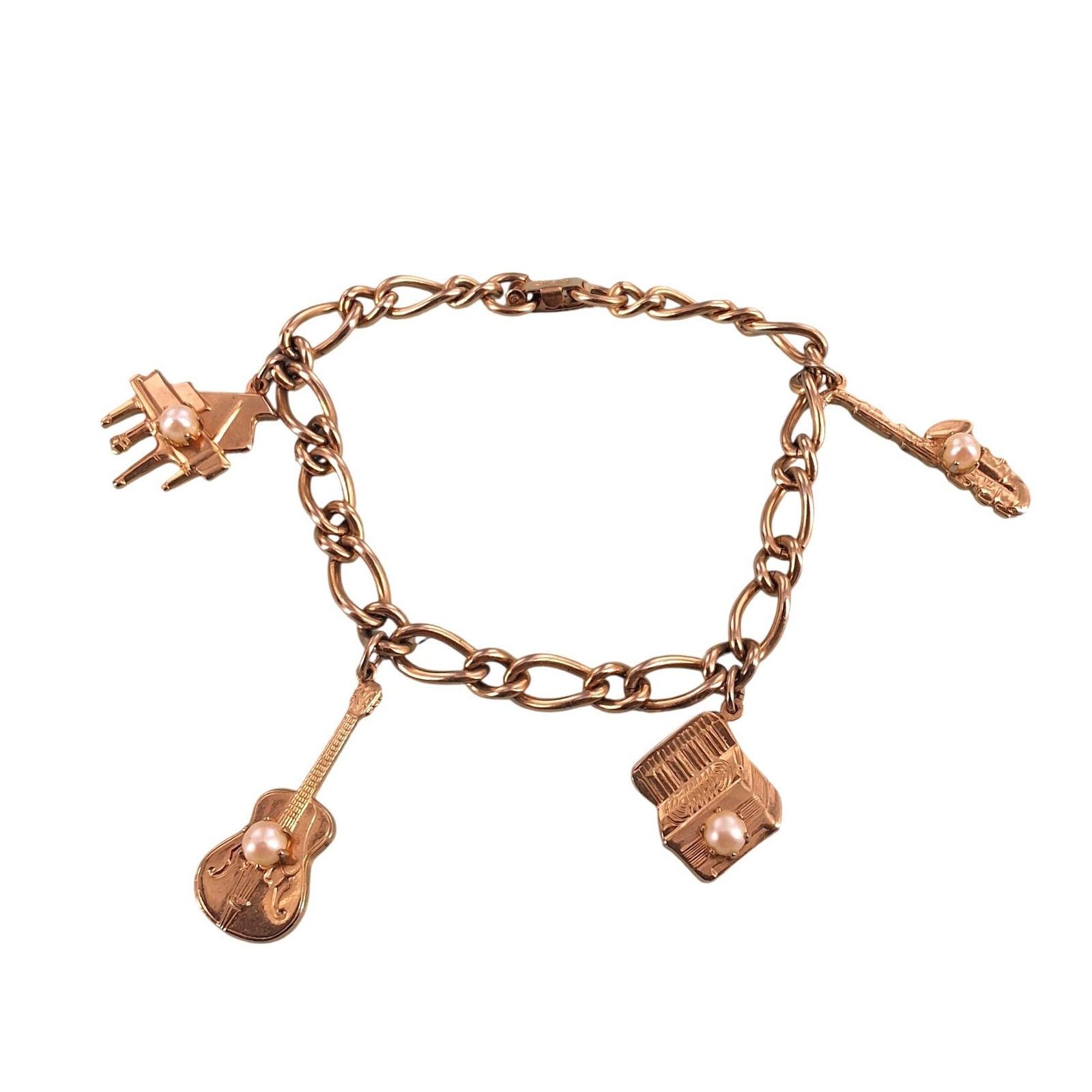 Vintage STAR Musical Instrument Charm Bracelet Gold Tone Faux Pearl