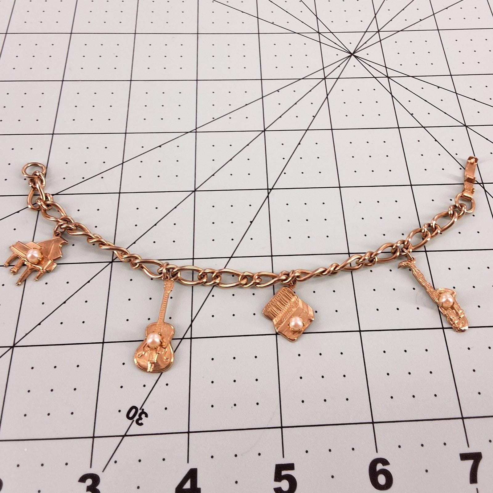 Vintage STAR Musical Instrument Charm Bracelet Gold Tone Faux Pearl